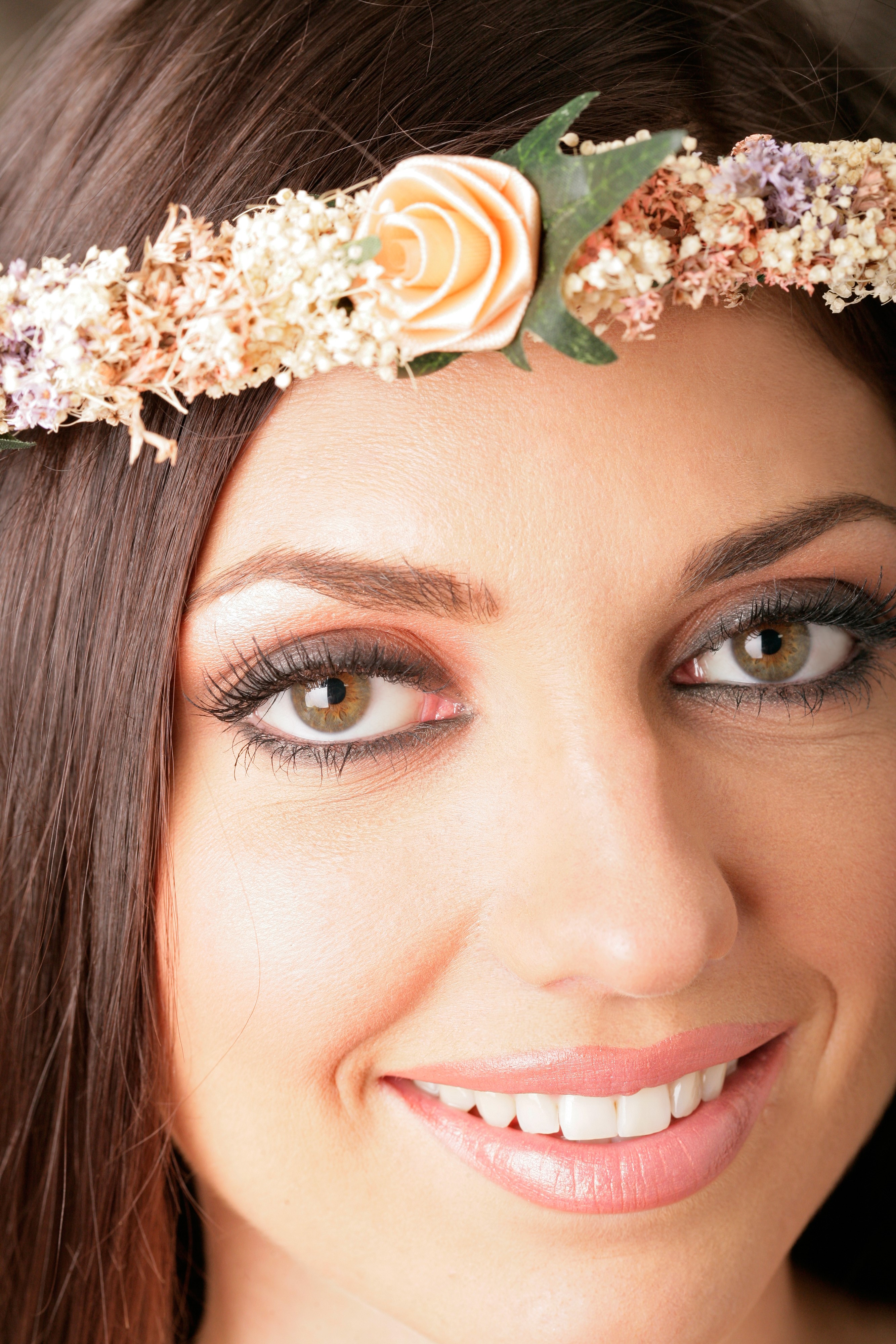 Woman with flower wreath smiling HD Phone Wallpaper