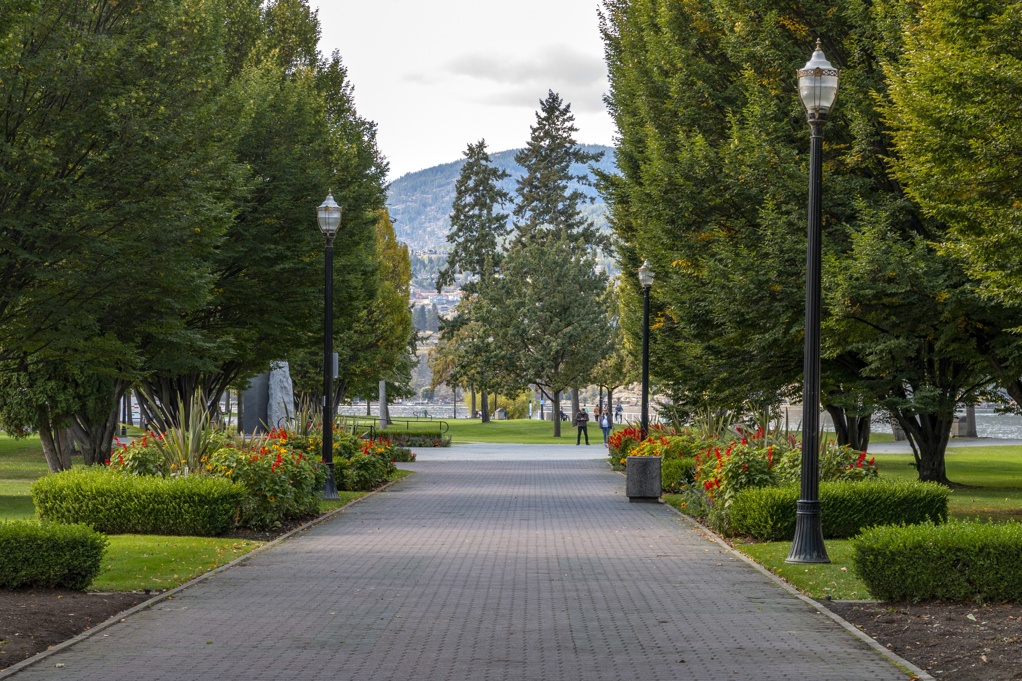 Park pathway with trees, flowers, and street lights in Kelowna HD Wallpaper