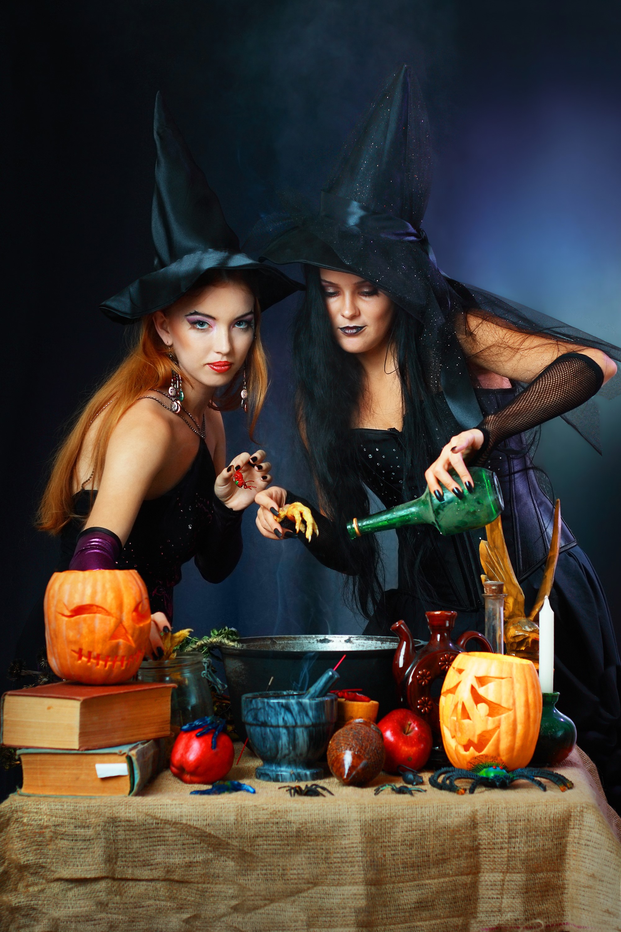 Two witches preparing a potion on Halloween HD Phone Wallpaper