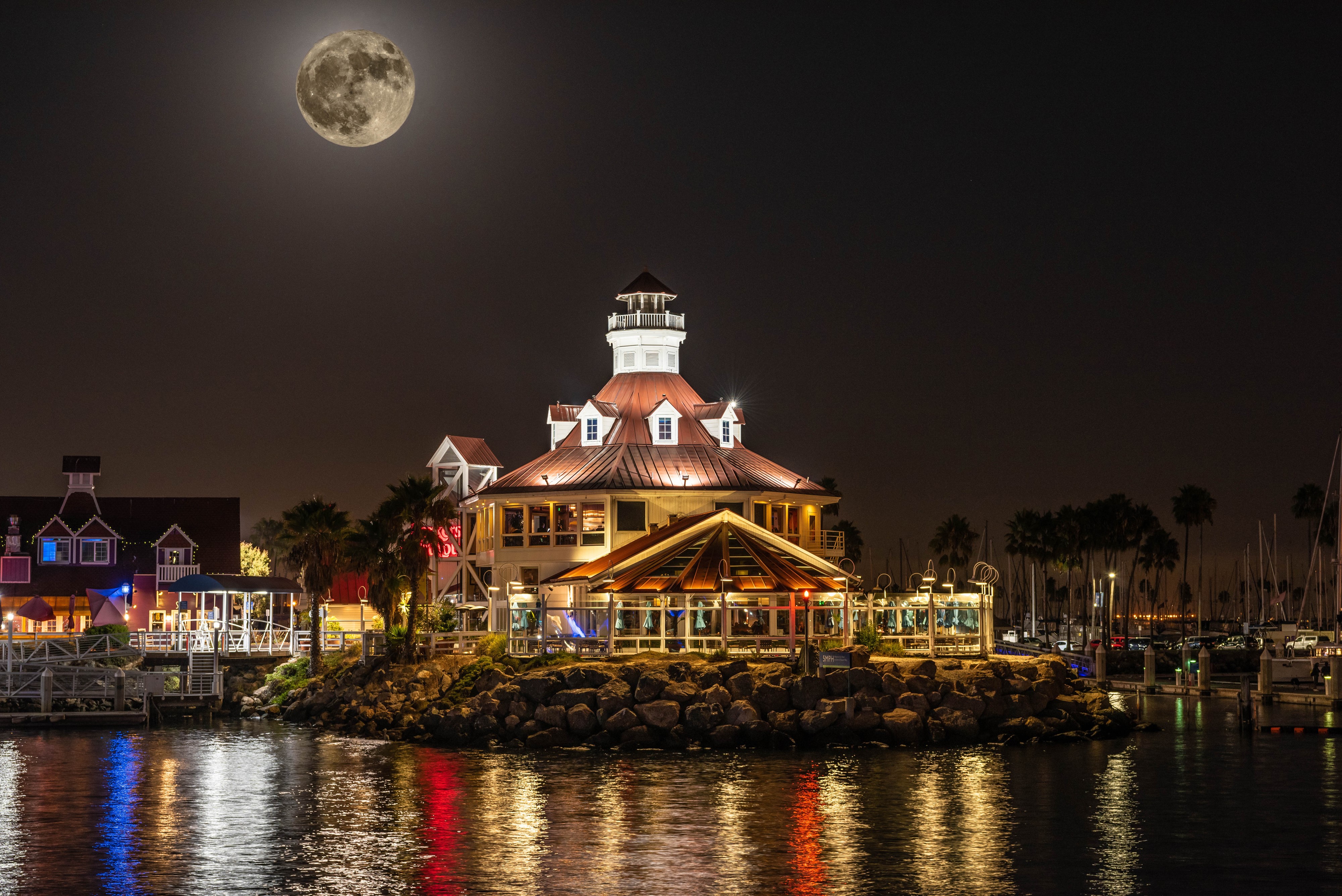 Shoreline Village Long Beach California at Night with Moon HD Wallpaper