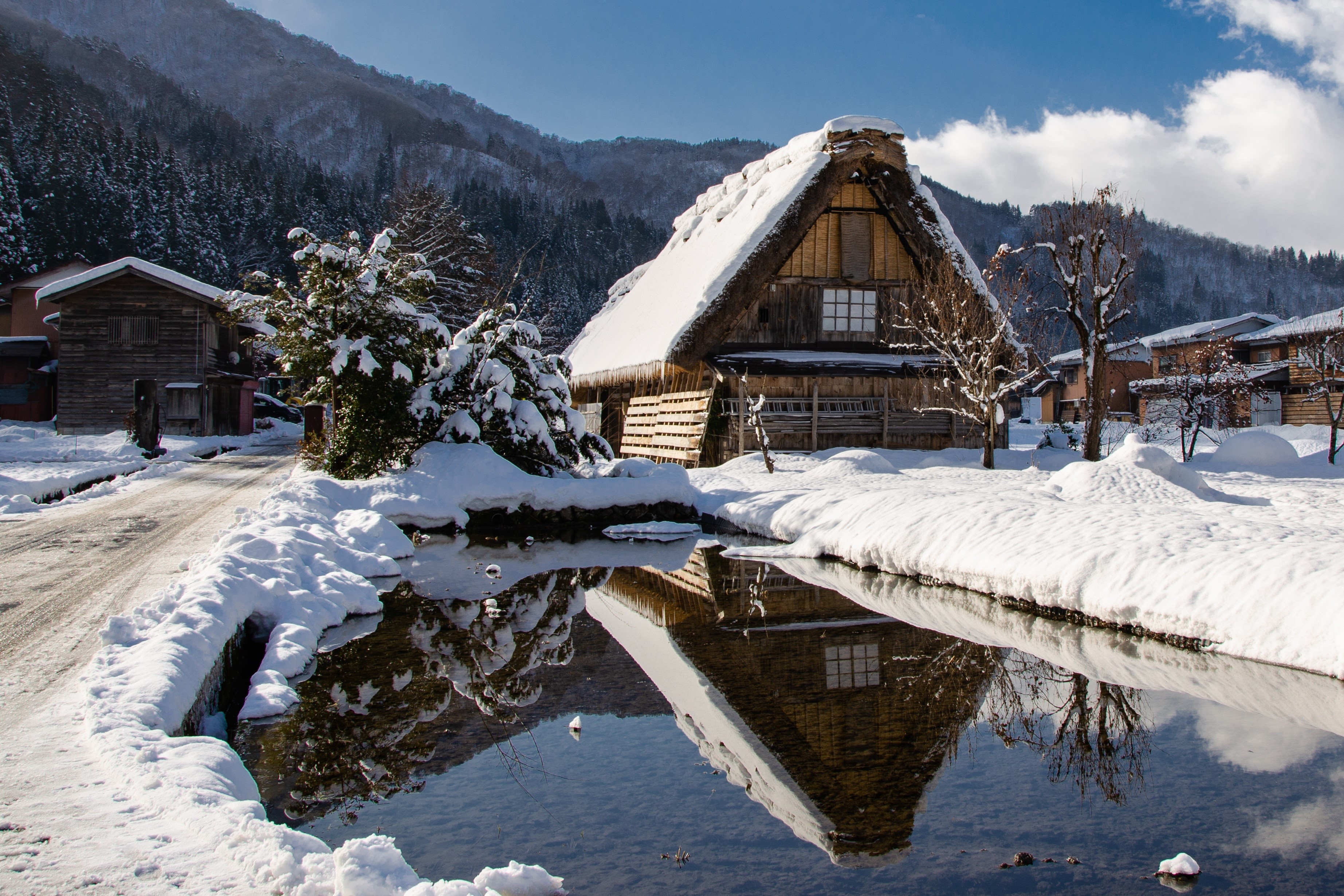 Shirakawa Go village in Japan during winter with snow and pond HD Wallpaper