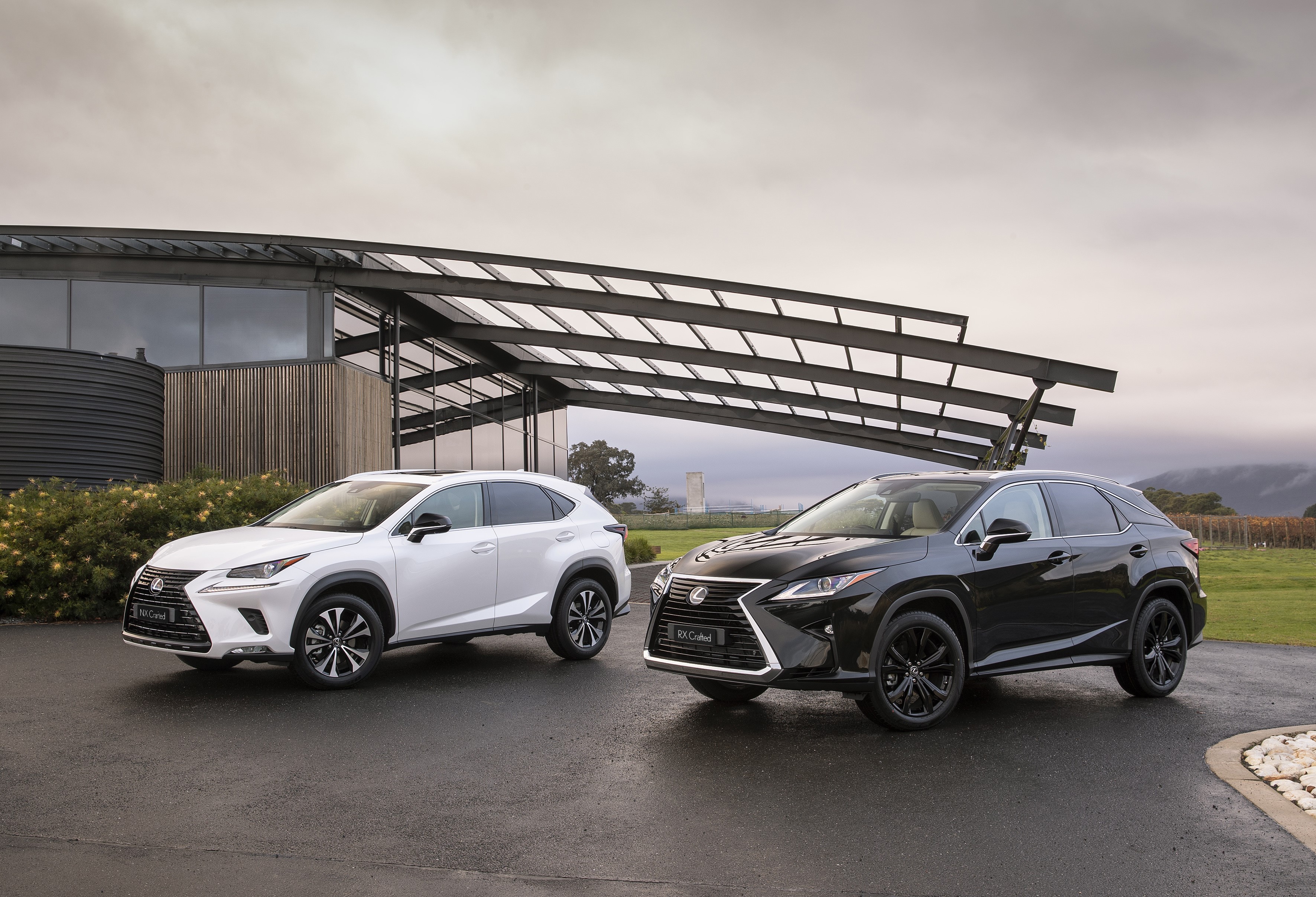 Two Lexus NX and RX cars parked outside a building HD Wallpaper