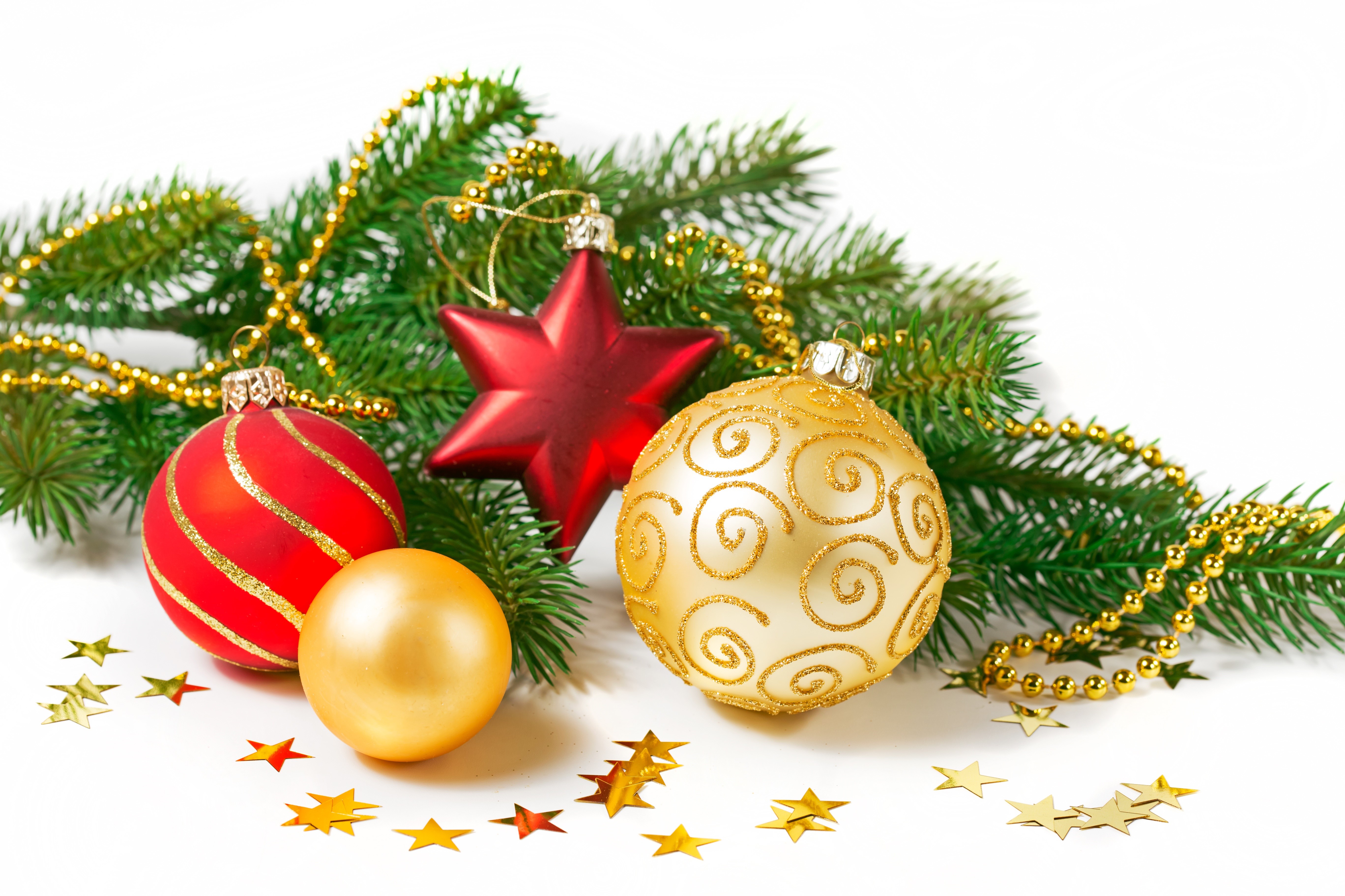 Christmas ornaments with fir branches and gold beads HD Wallpaper