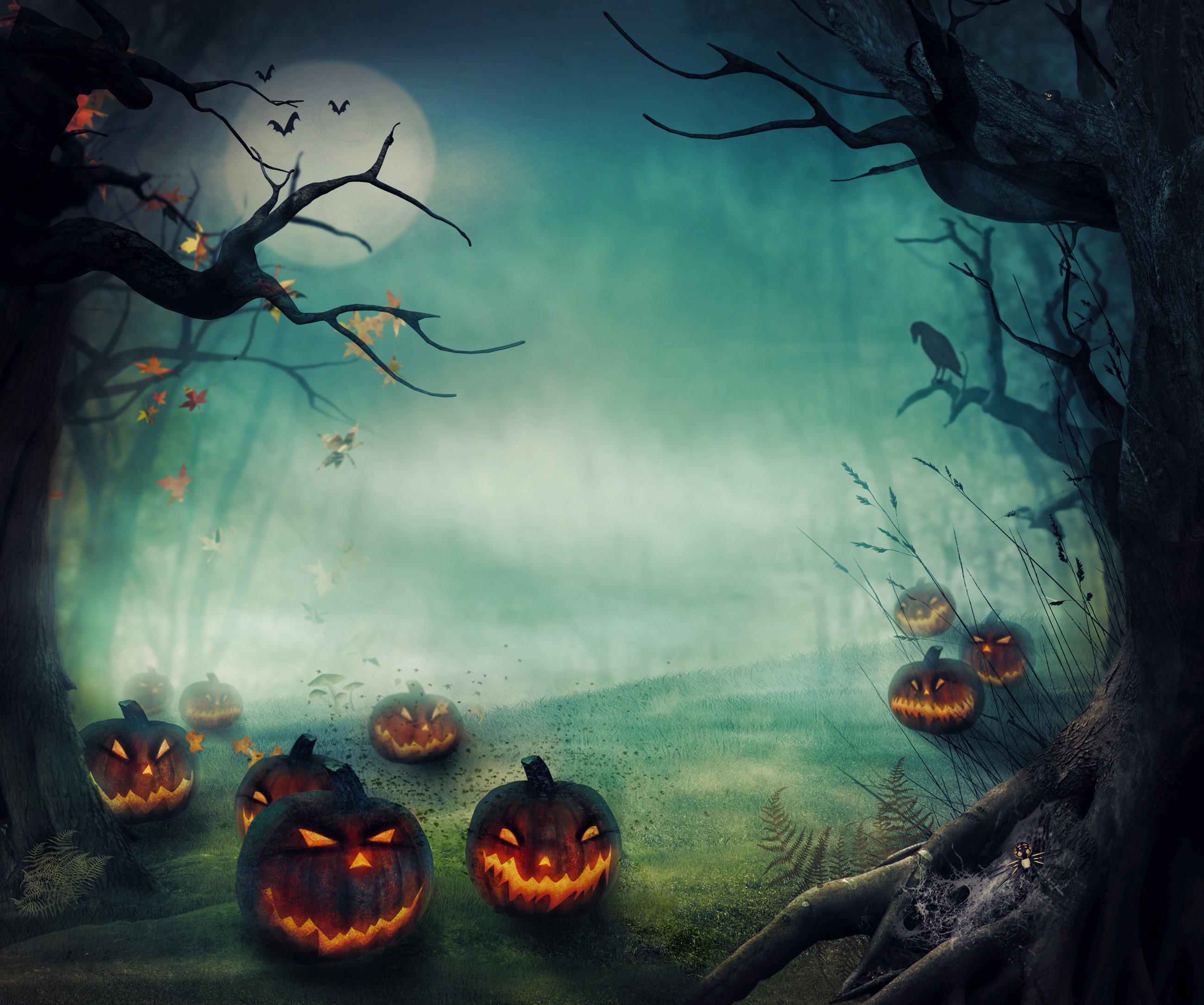 Halloween night with carved pumpkins in a foggy forest HD Wallpaper