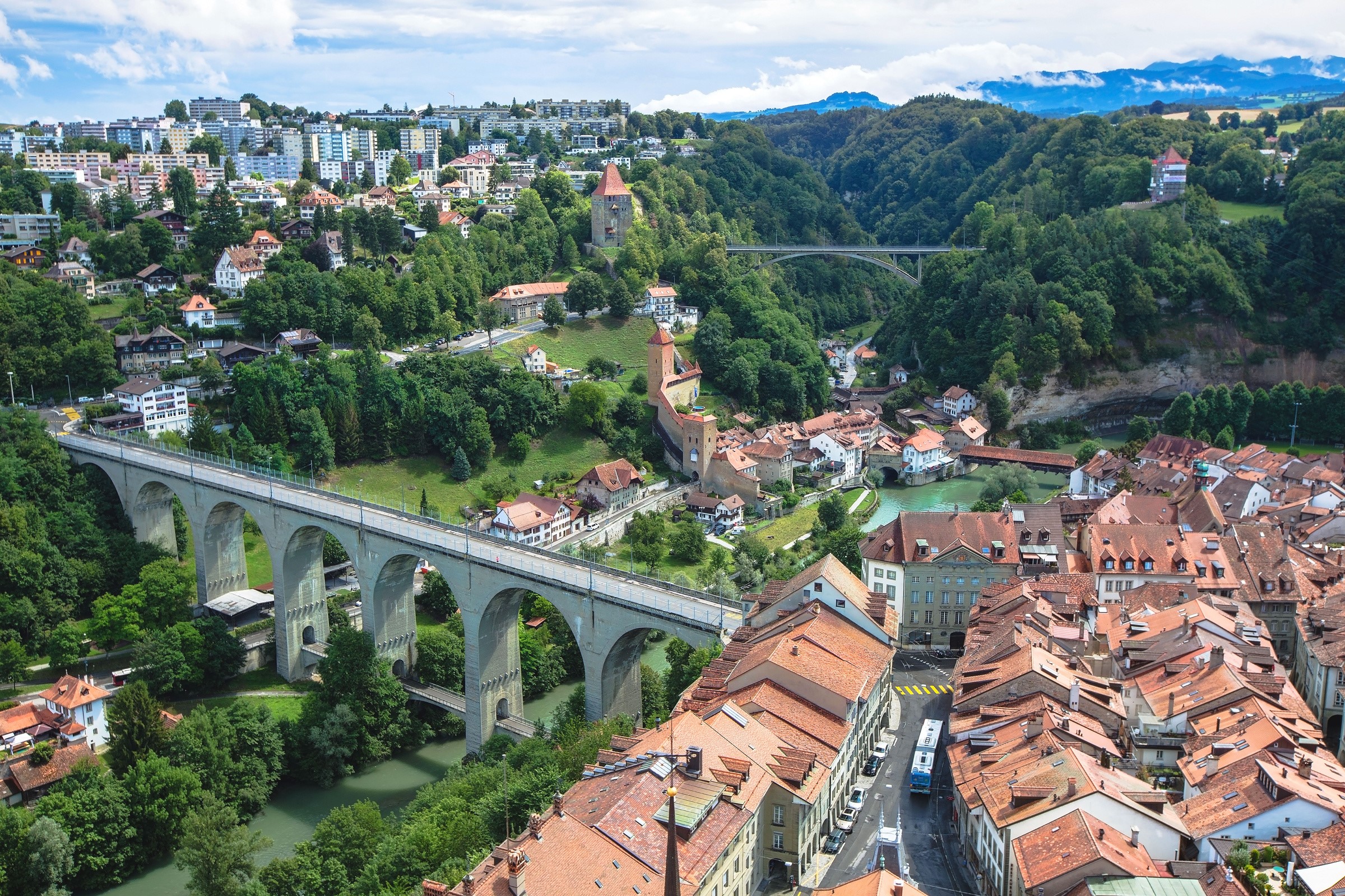 Fribourg, Switzerland: Cityscape with Bridges and River HD Wallpaper