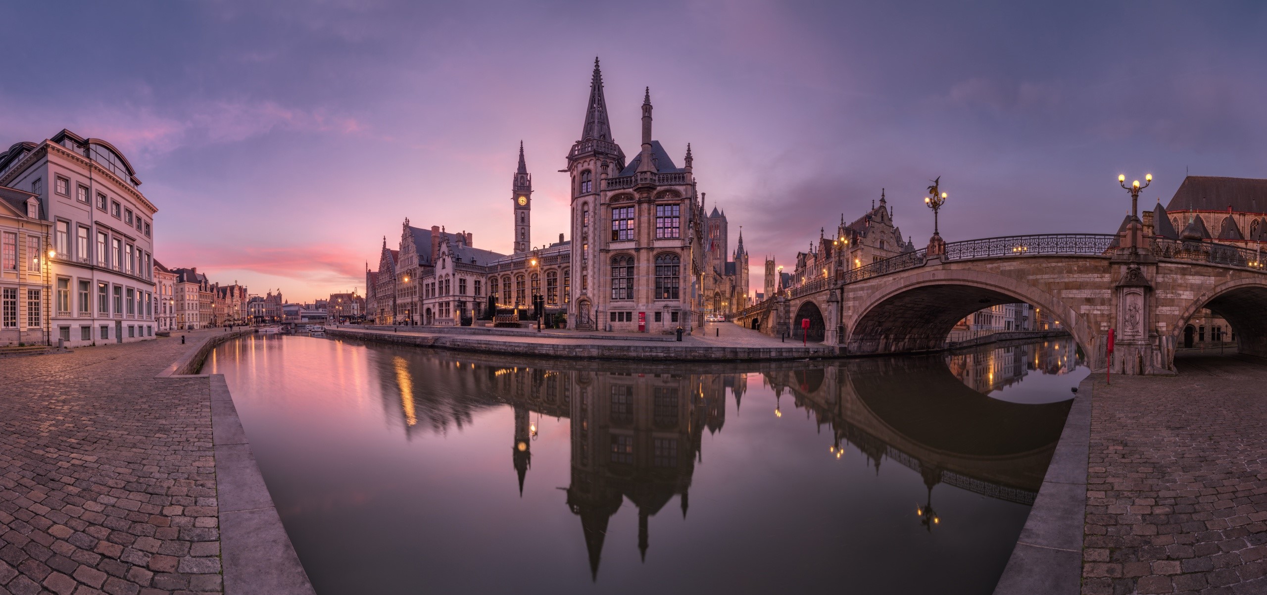 Ghent, Belgium: Graslei Quay and Leie River at Dusk HD Wallpaper