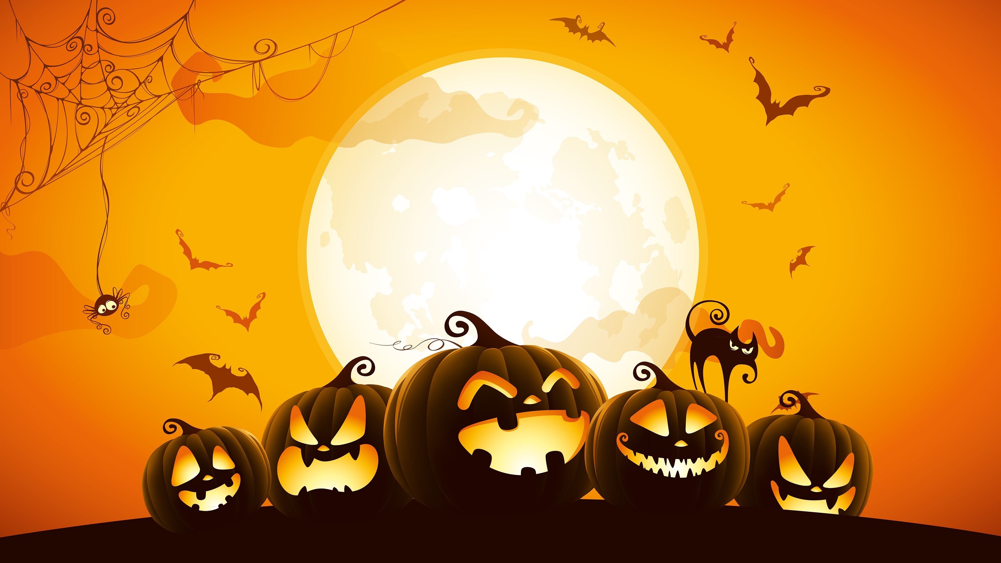 Halloween Pumpkins and Bats with Full Moon HD Wallpaper