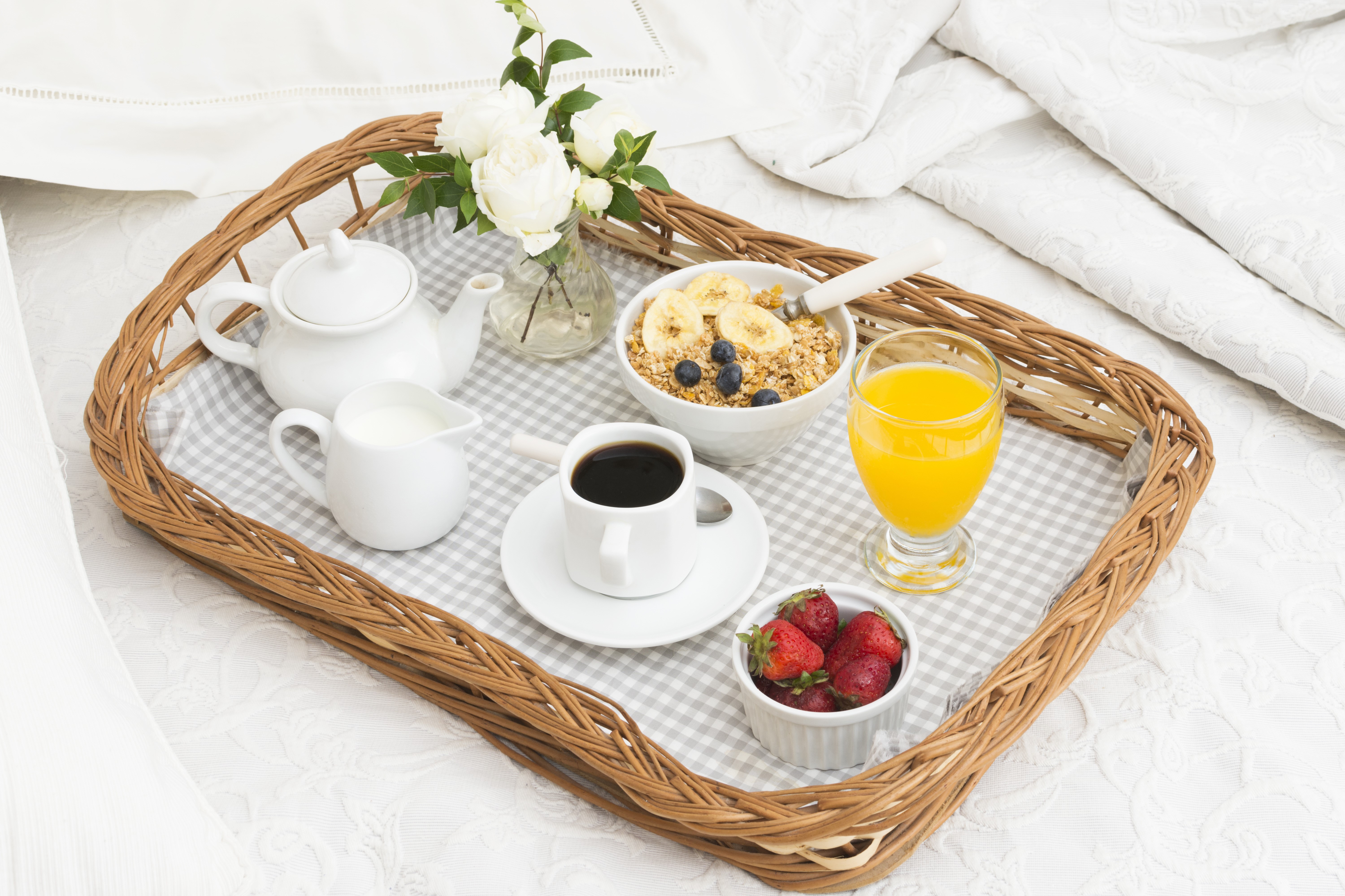 Breakfast tray with coffee, juice, muesli, and strawberries HD Wallpaper