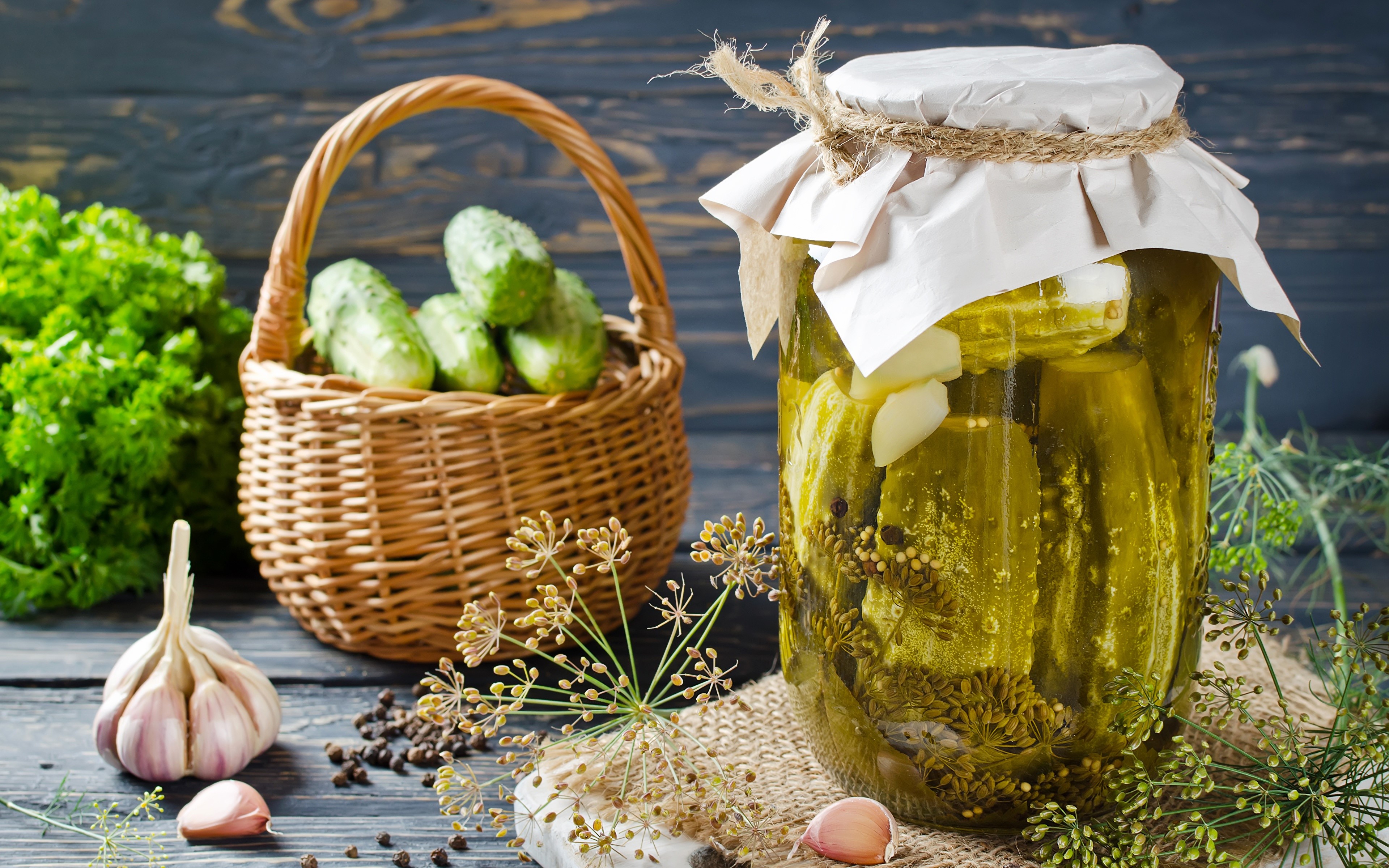 Pickled Cucumbers in a Jar with Dill and Garlic HD Wallpaper