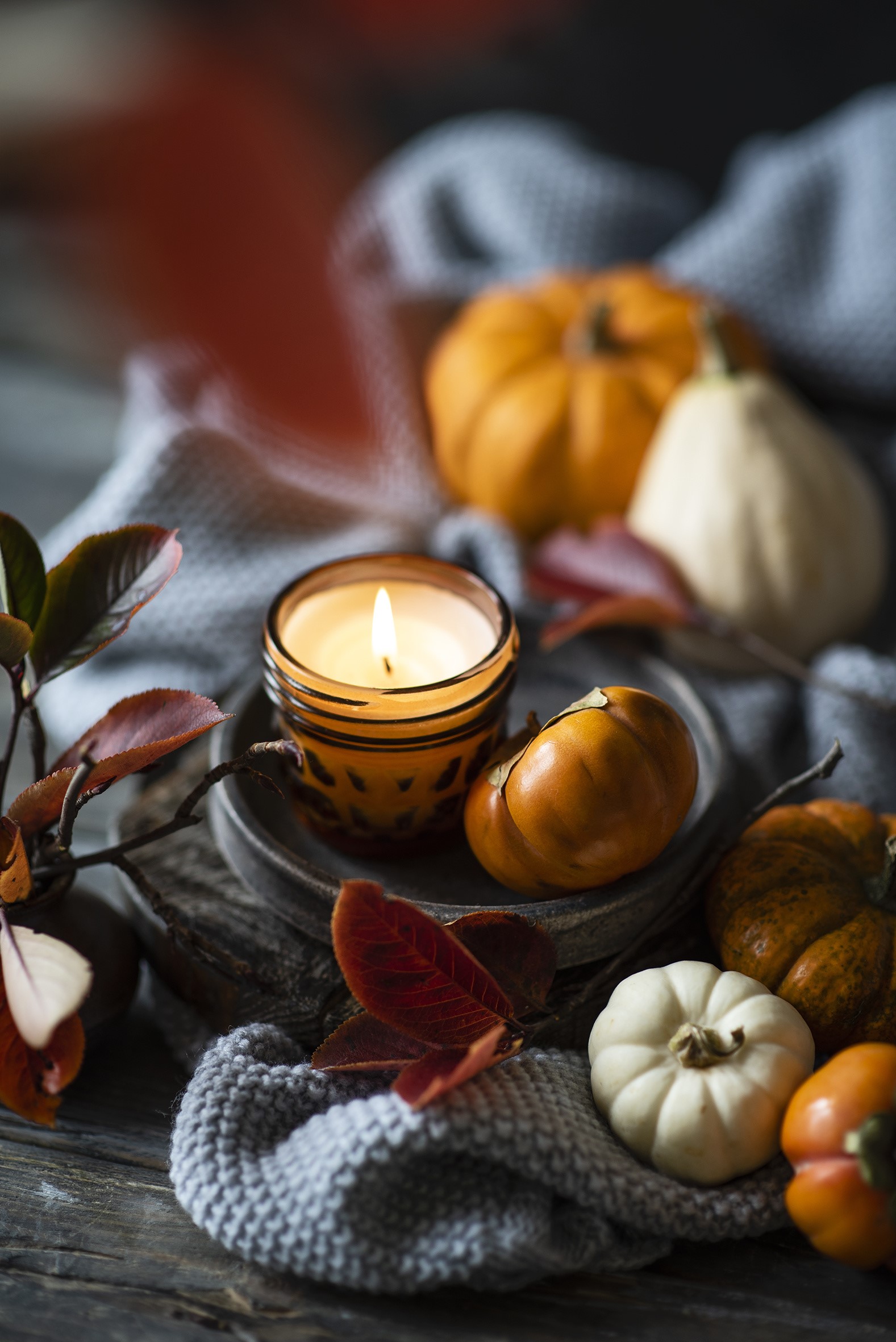 Autumn still life with pumpkins and candle HD Phone Wallpaper