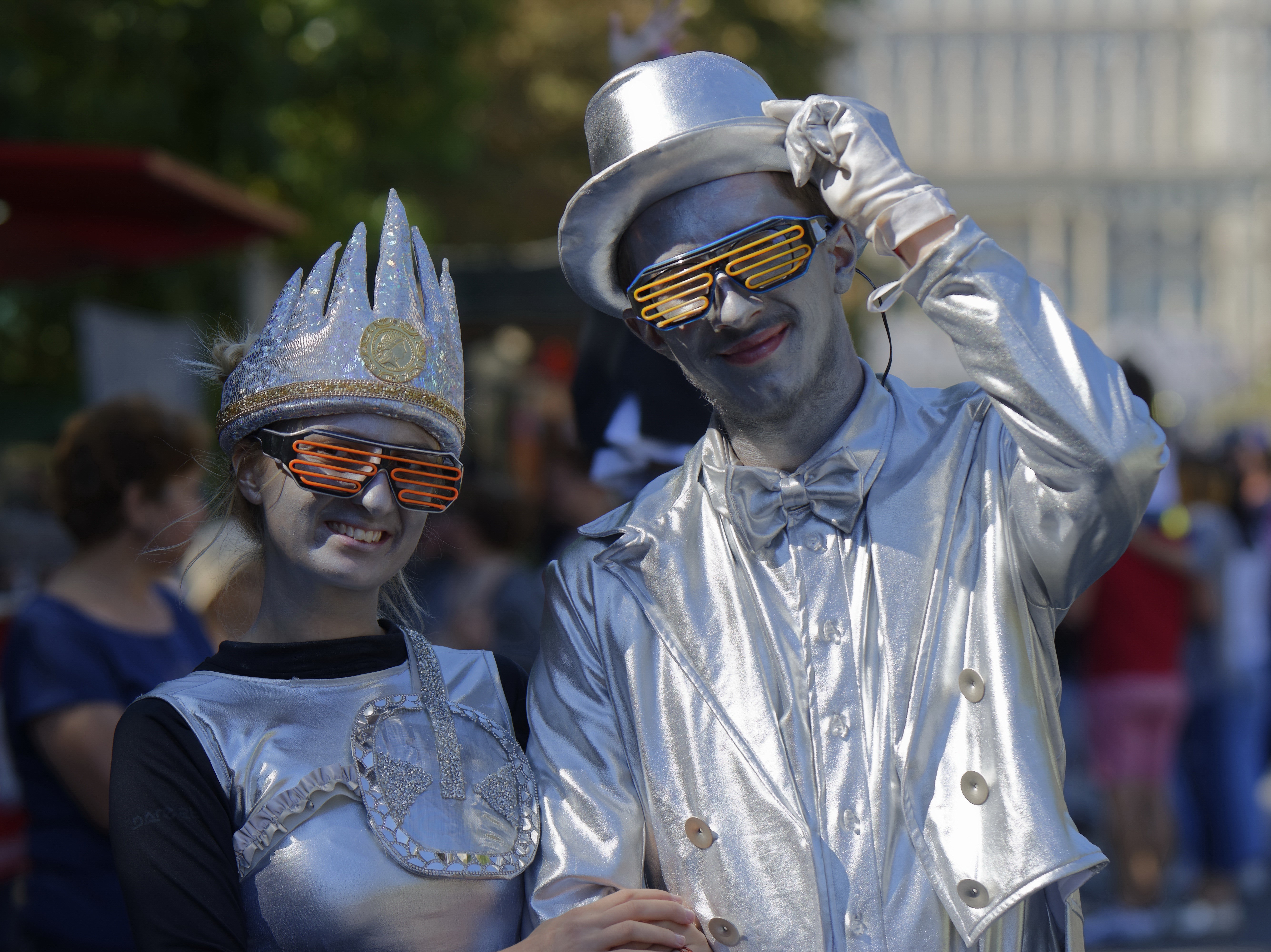 Two people in silver cosplay with glasses HD Wallpaper