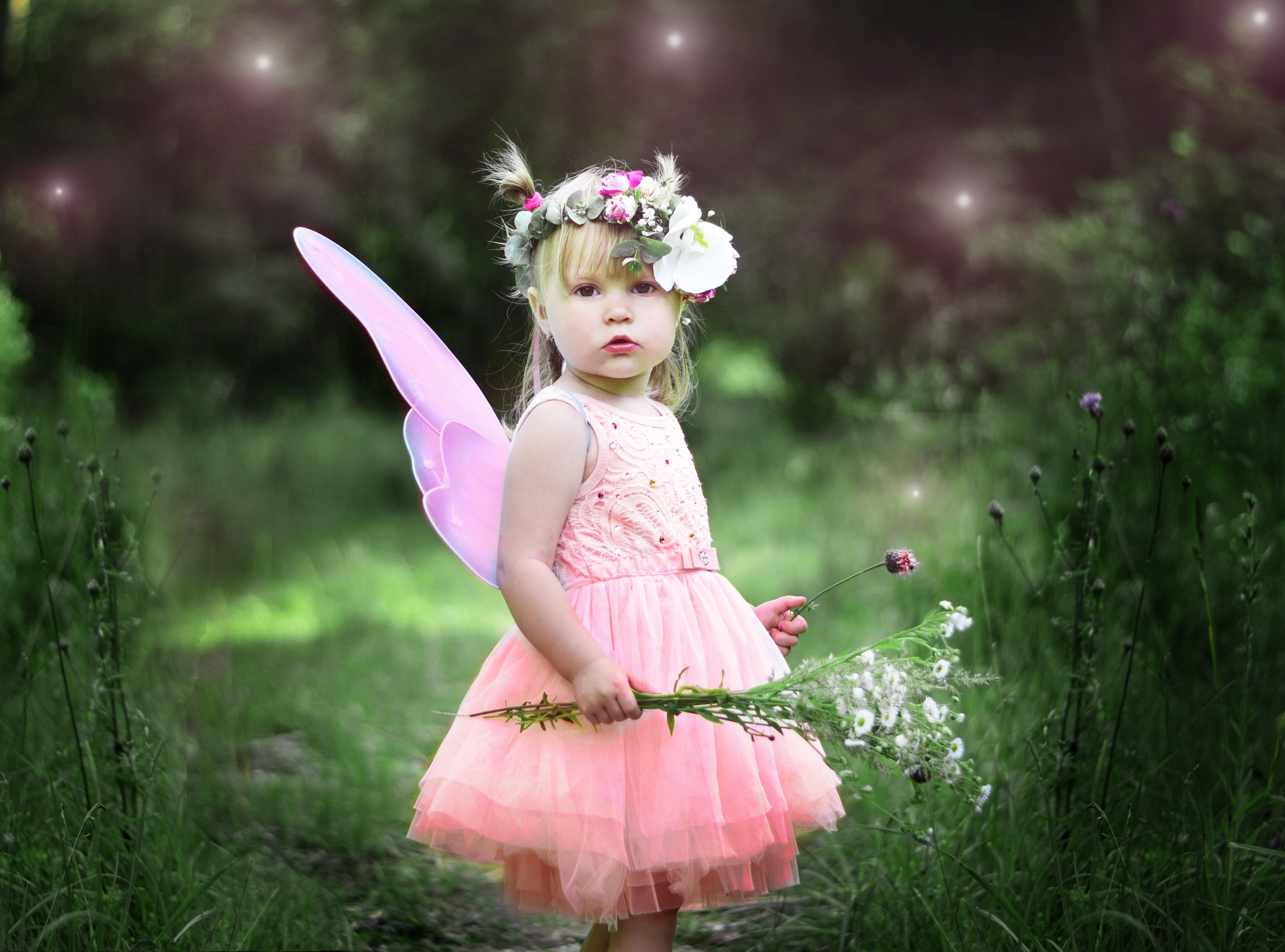Little girl in fairy costume with flowers HD Wallpaper