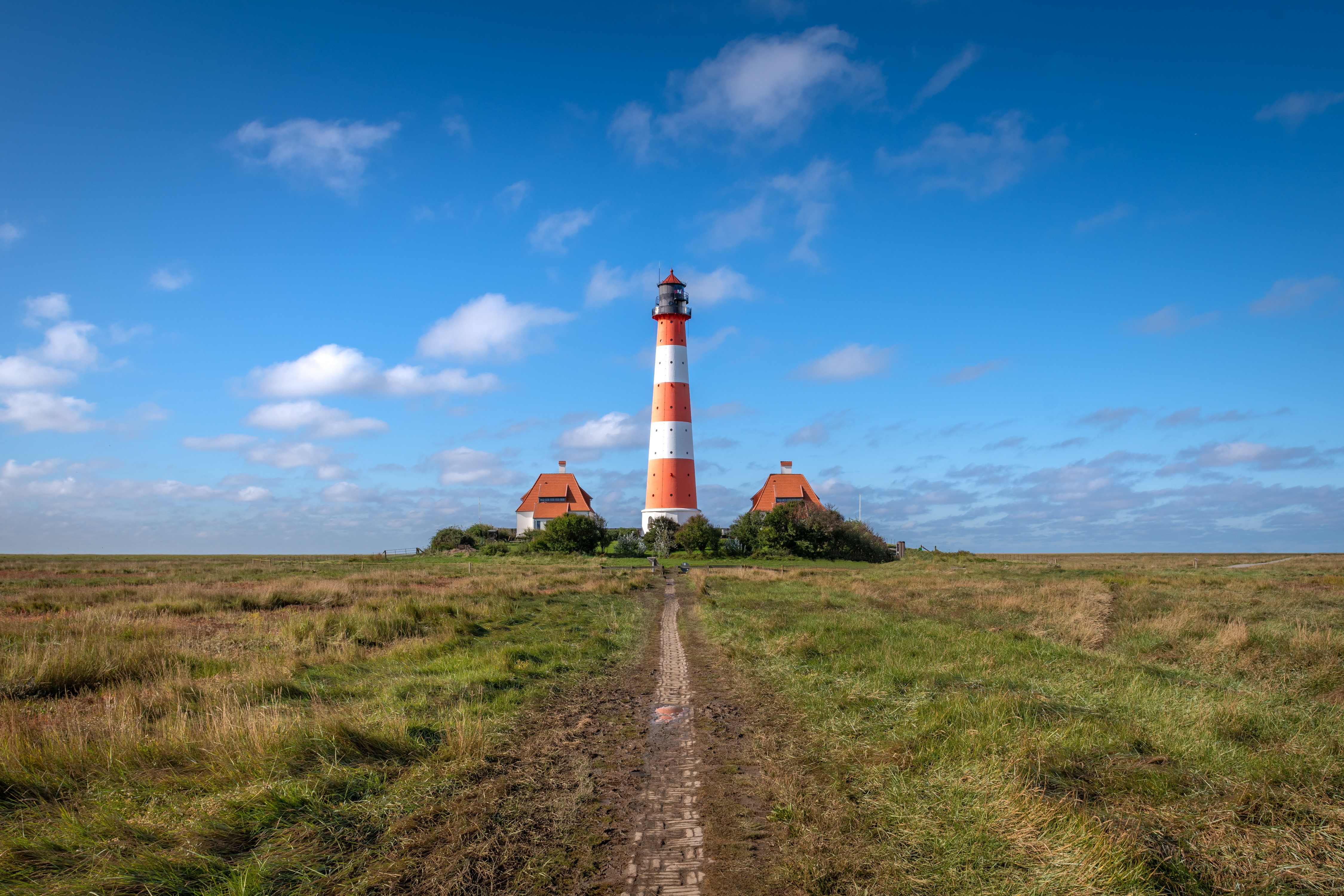 Westerheversand Lighthouse and Houses in Germany HD Wallpaper