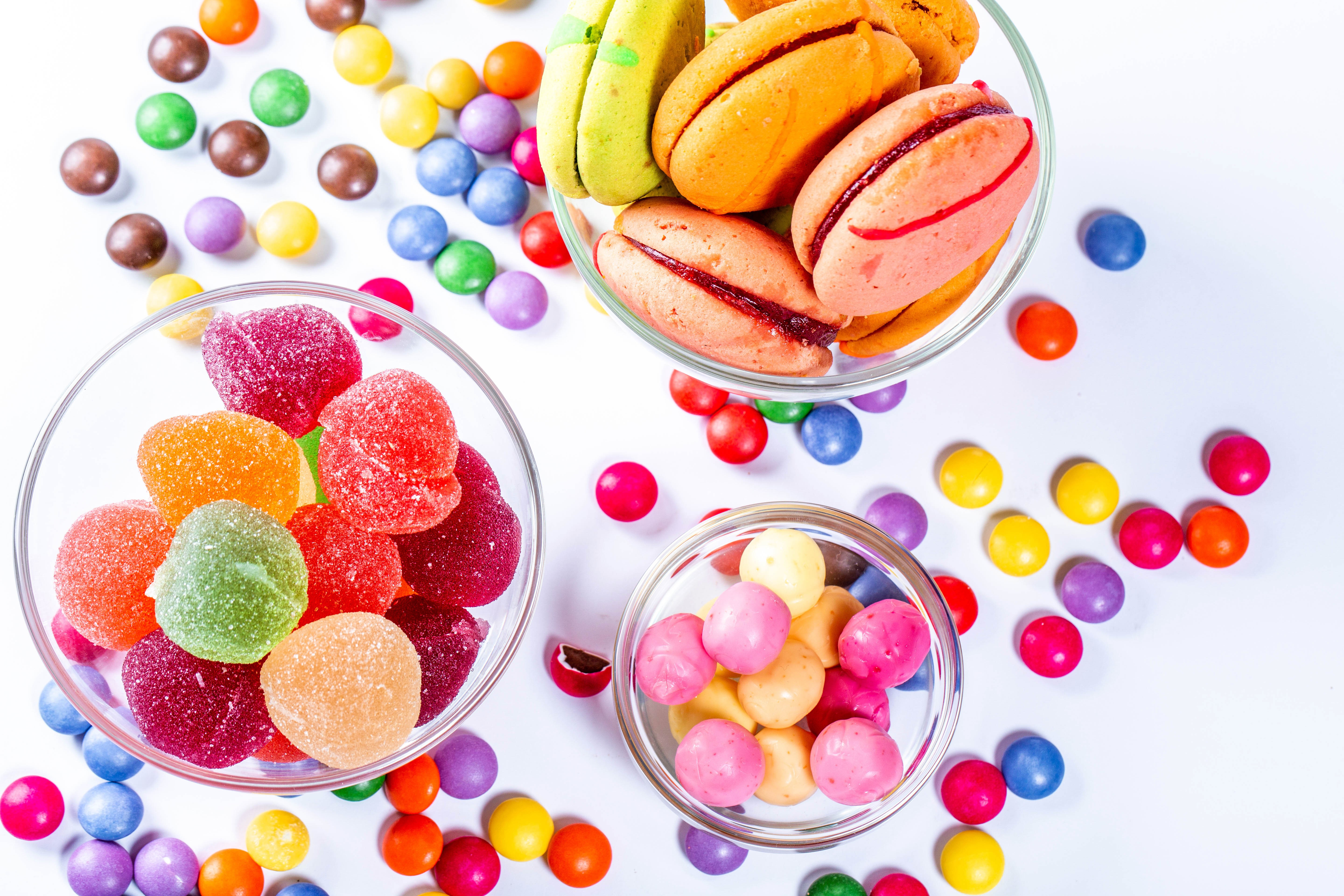 Sweets: Marmalade, Candy, Dragee, Macaron on White Background HD Wallpaper