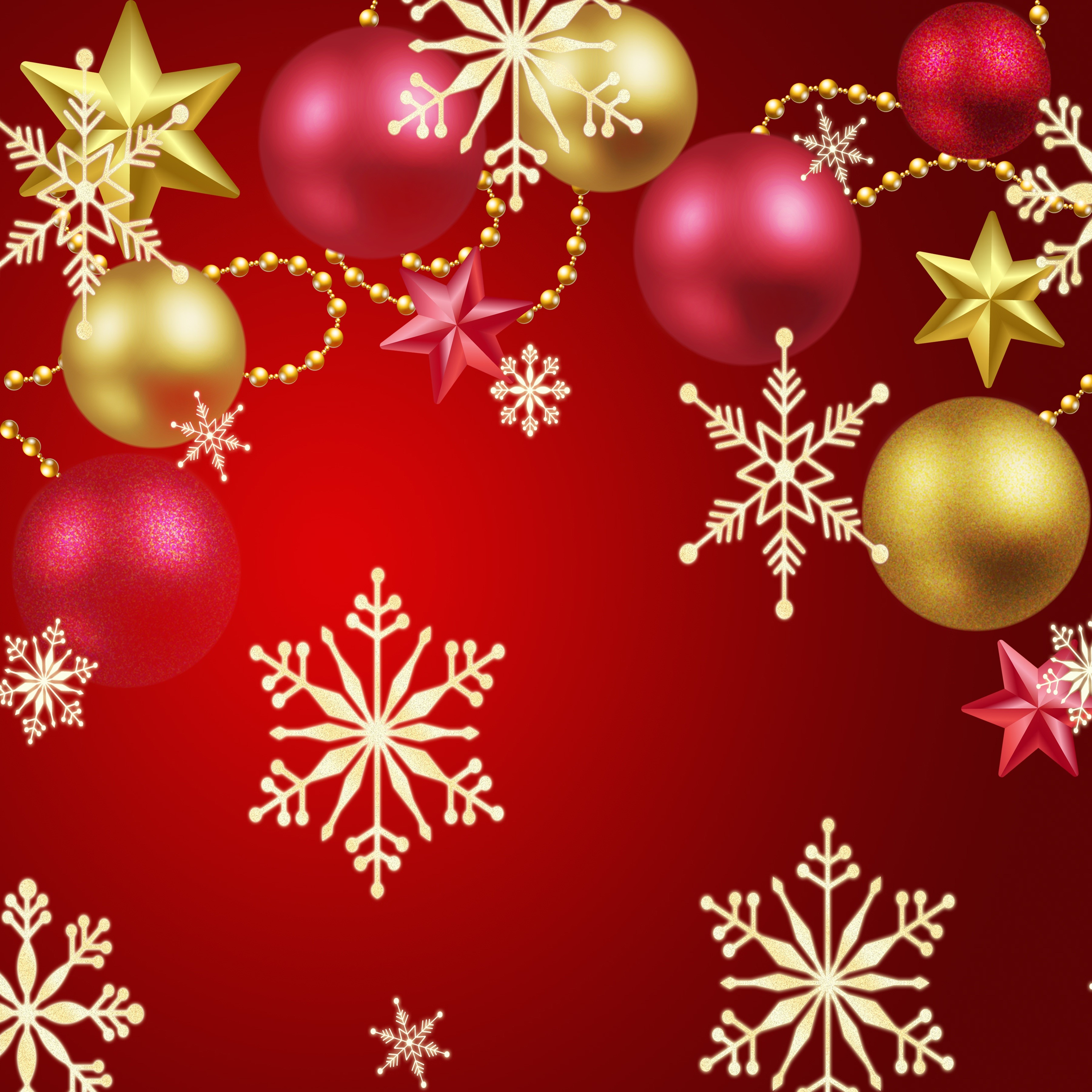 Christmas ornaments, snowflakes, and stars on red background HD Wallpaper
