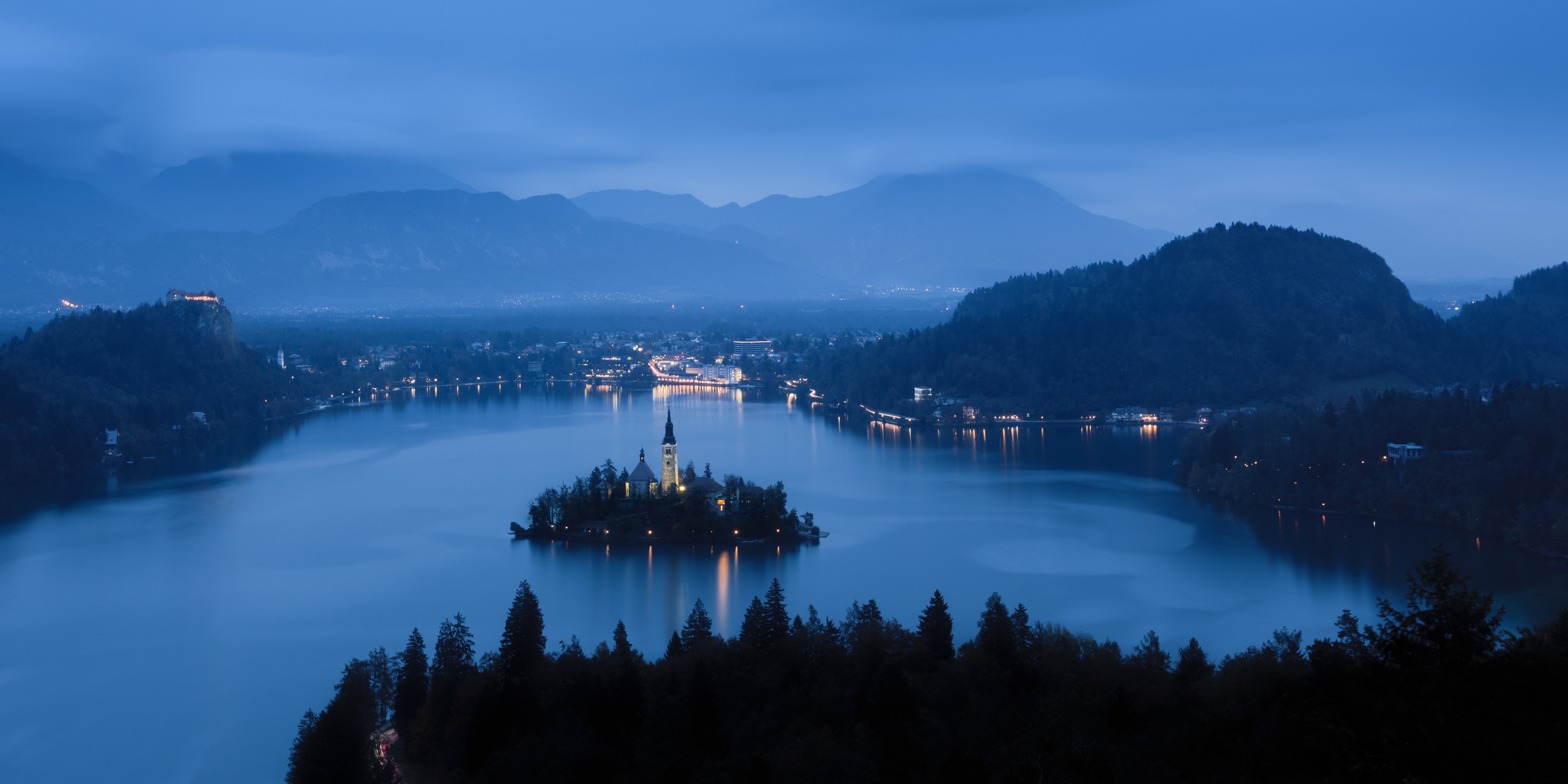 Lake Bled island church and castle at dusk, Slovenia HD Wallpaper