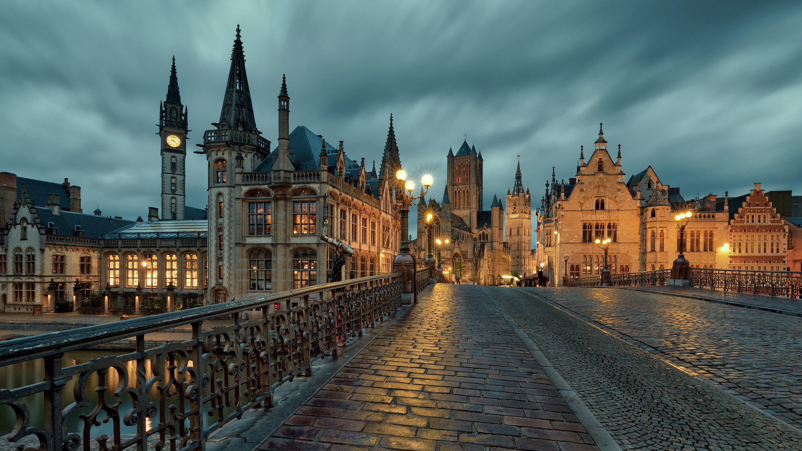 Graslei and Korenlei bridges in Ghent, Belgium at dusk HD Wallpaper