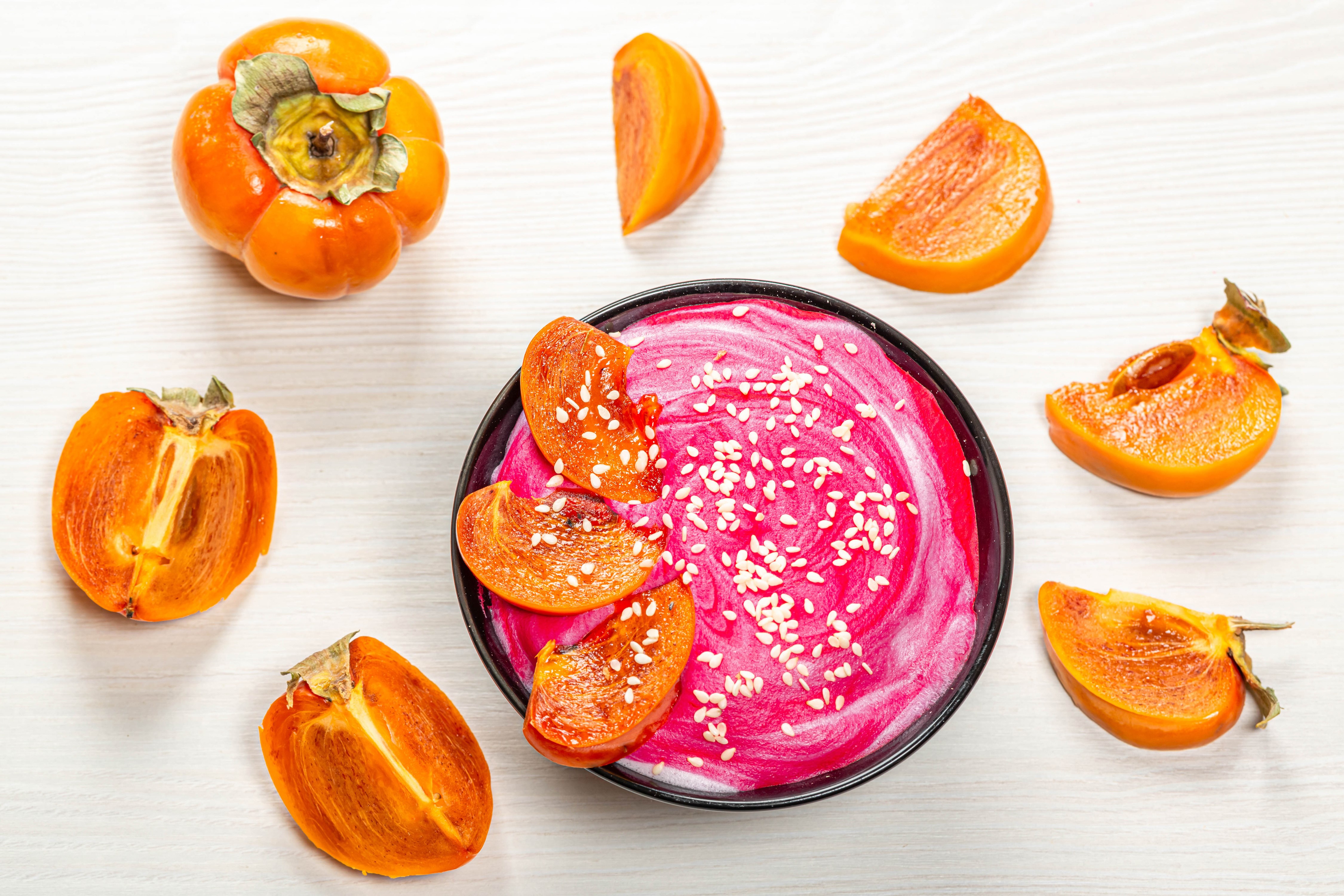 Persimmon Dessert with Smoothie and Sesame Seeds HD Wallpaper