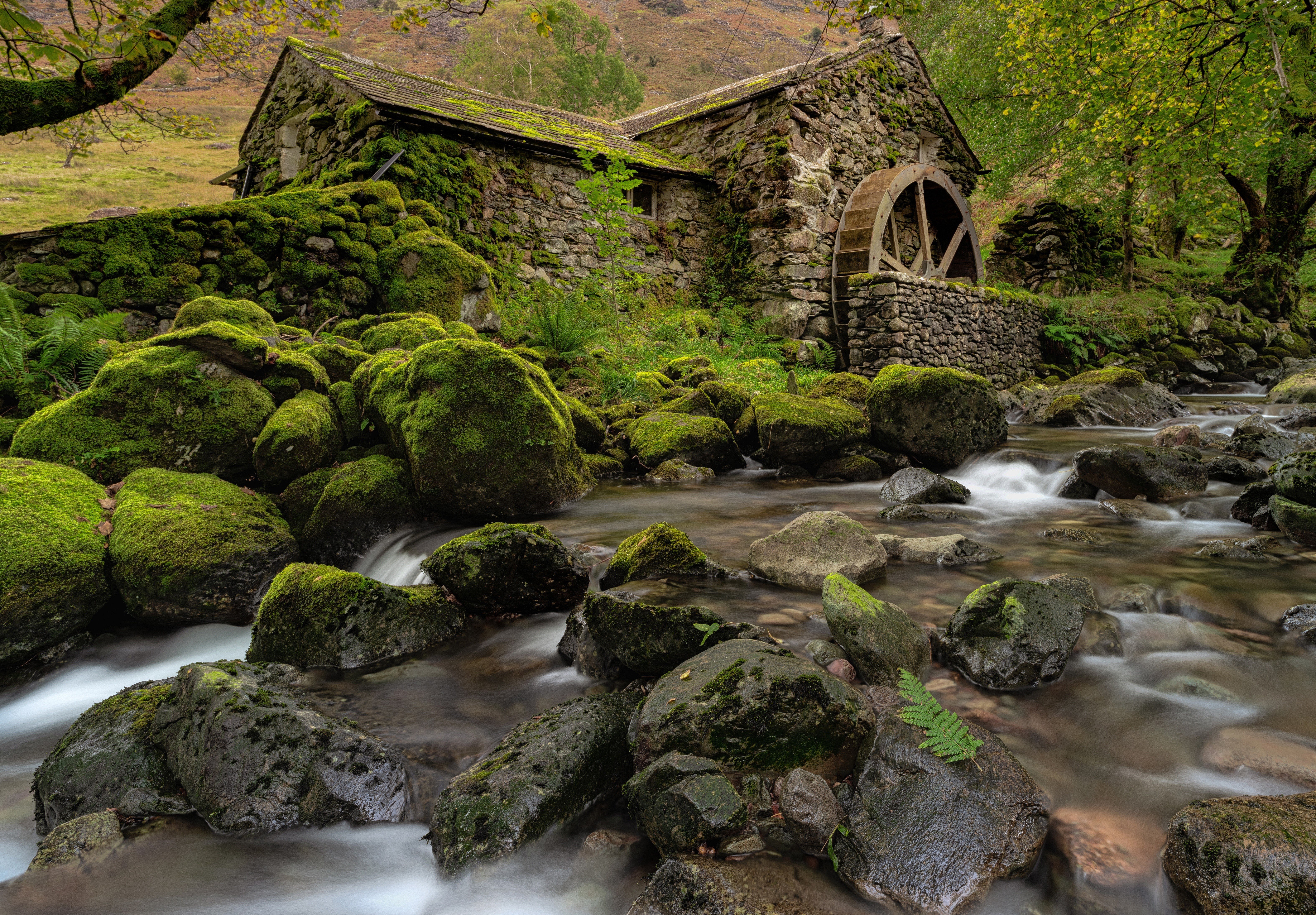 Moss-covered watermill in Borrowdale Valley, Cumbria, England HD Wallpaper