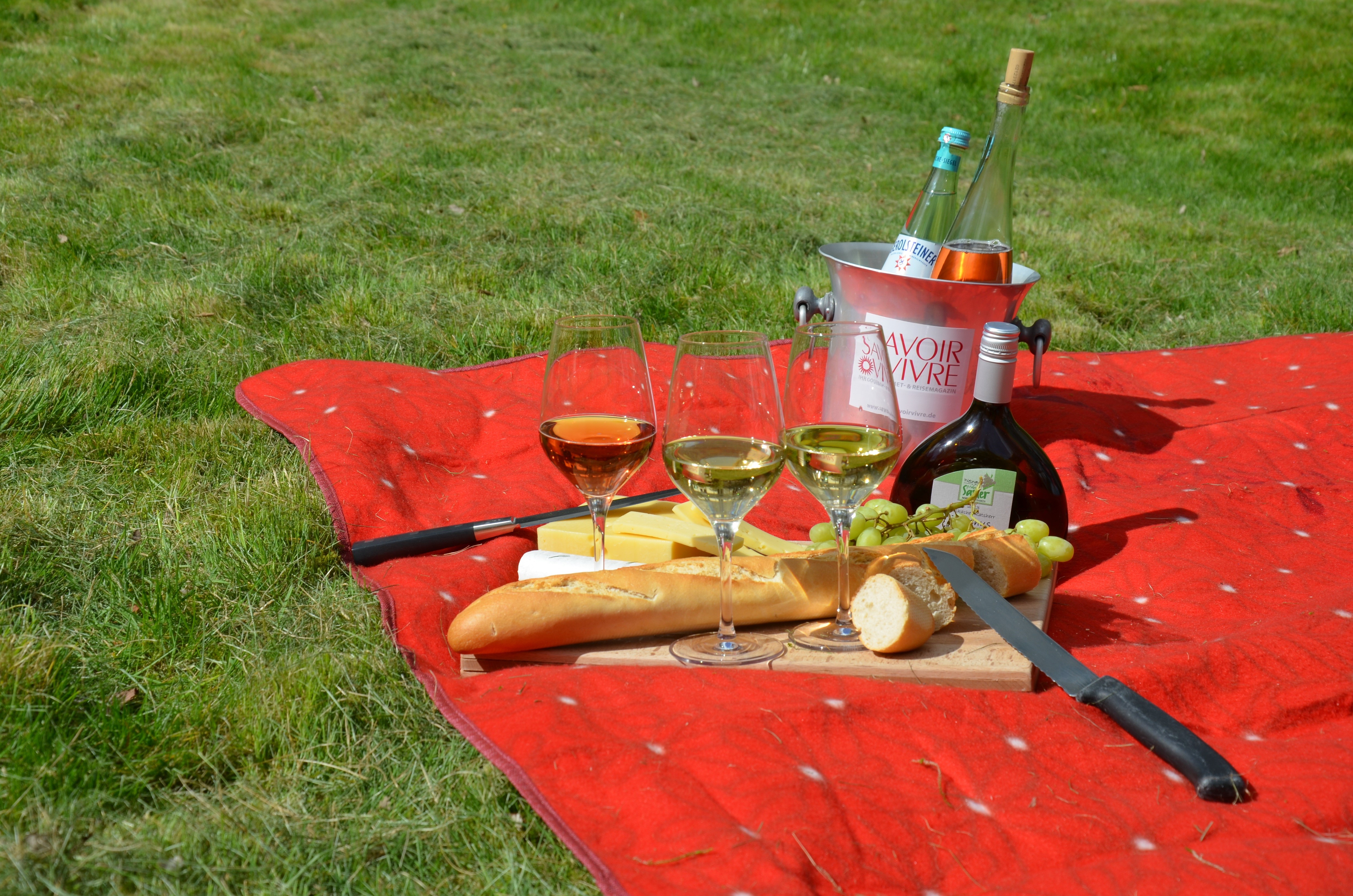Picnic with Bread, Cheese, Wine, and Glasses on Blanket HD Wallpaper