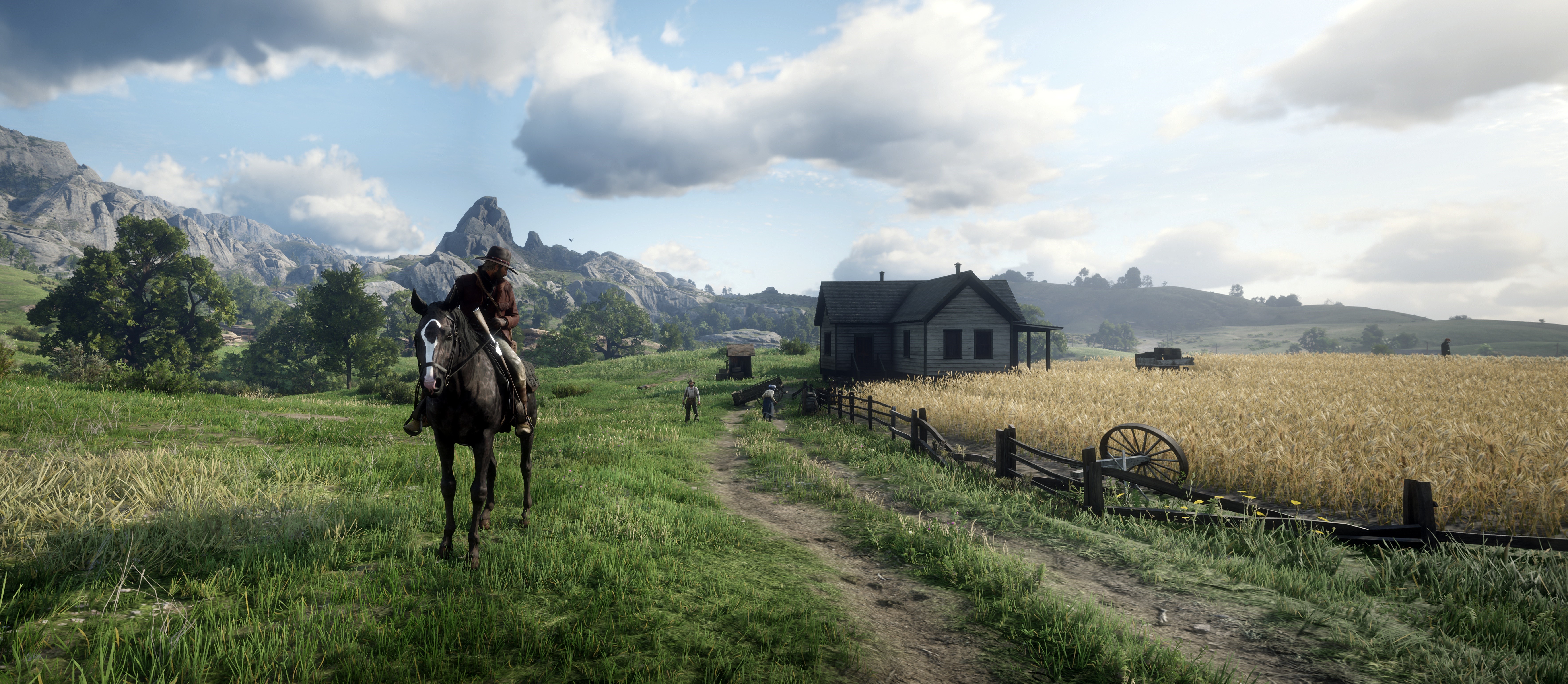 Man on horse in Red Dead Redemption 2 field HD Wallpaper