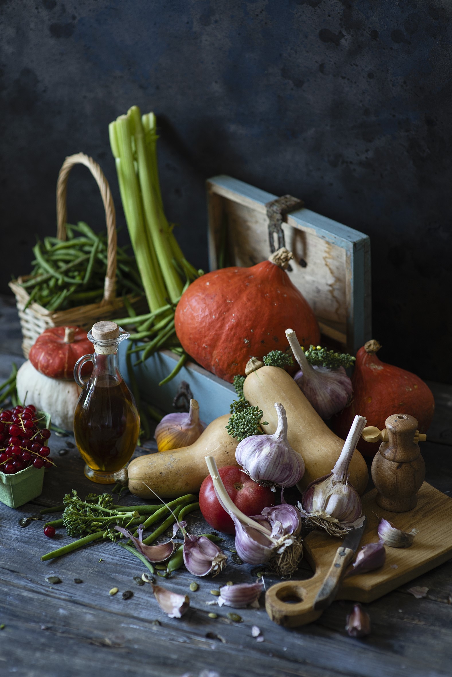 Still life of vegetables and oil bottle HD Phone Wallpaper