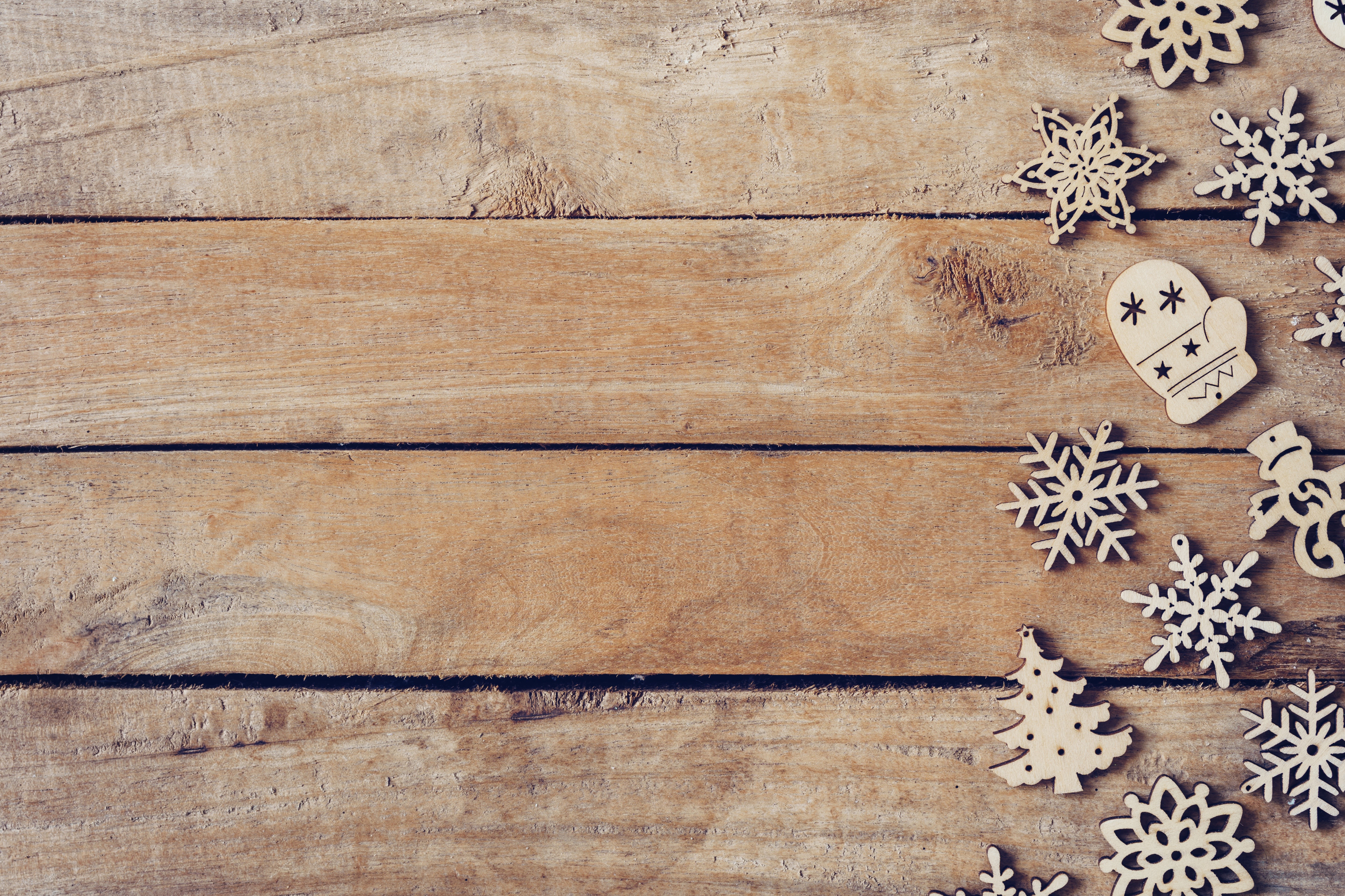 Christmas wooden ornaments on wood planks HD Wallpaper