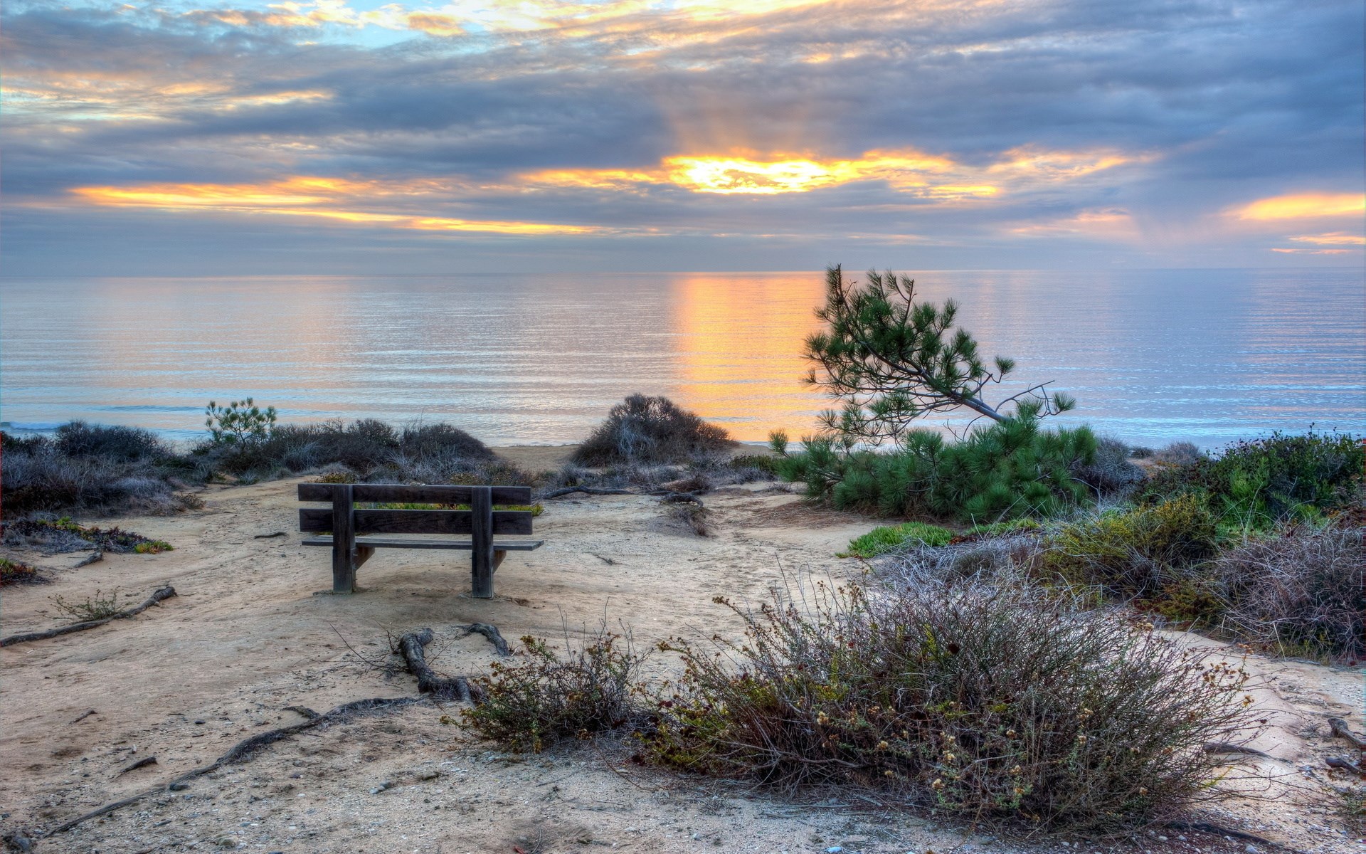 Bench overlooking the ocean at sunset HD Wallpaper