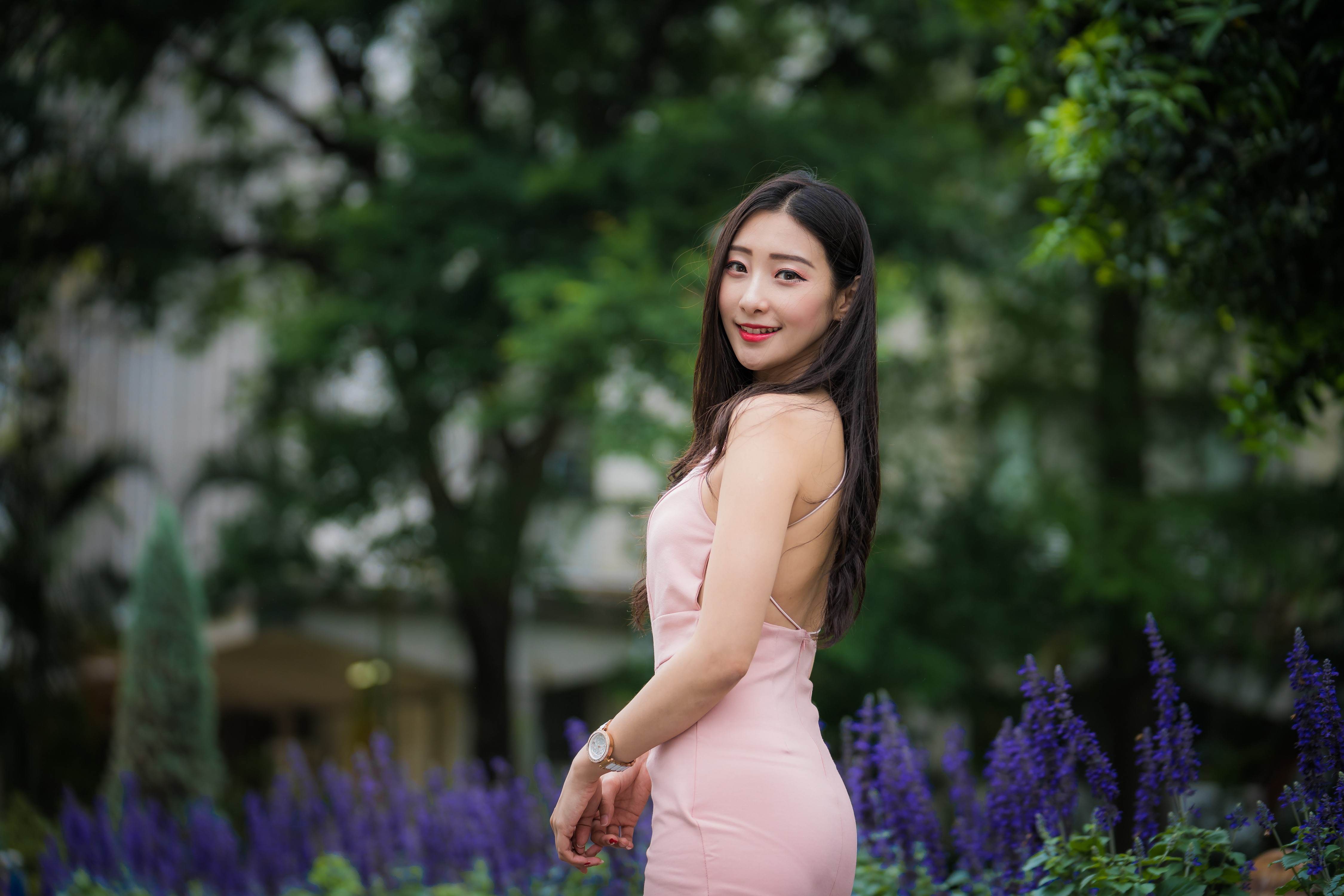 Asian woman in pink dress with flowers HD Wallpaper