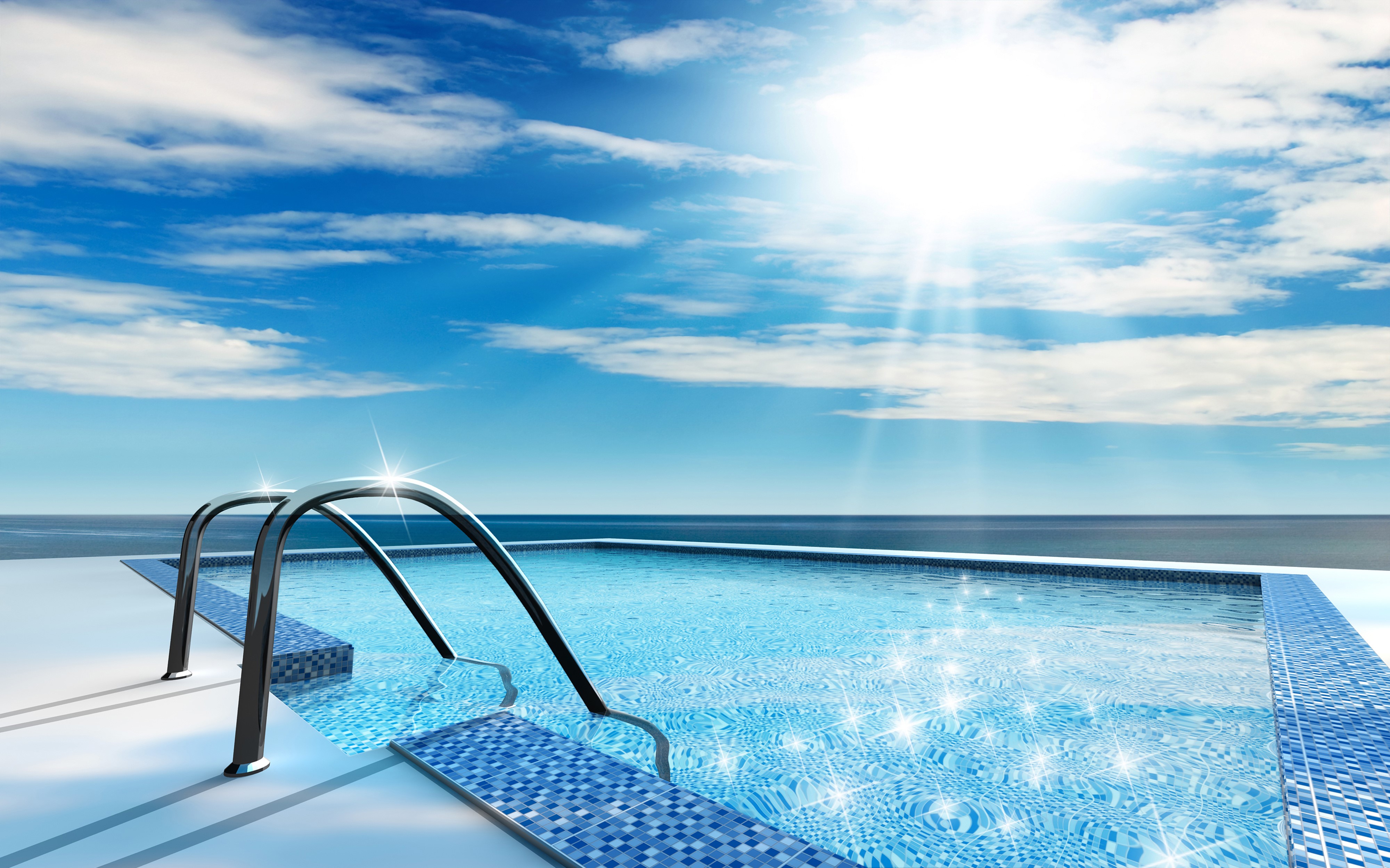 Infinity Pool with Ocean View Under Sunny Sky HD Wallpaper