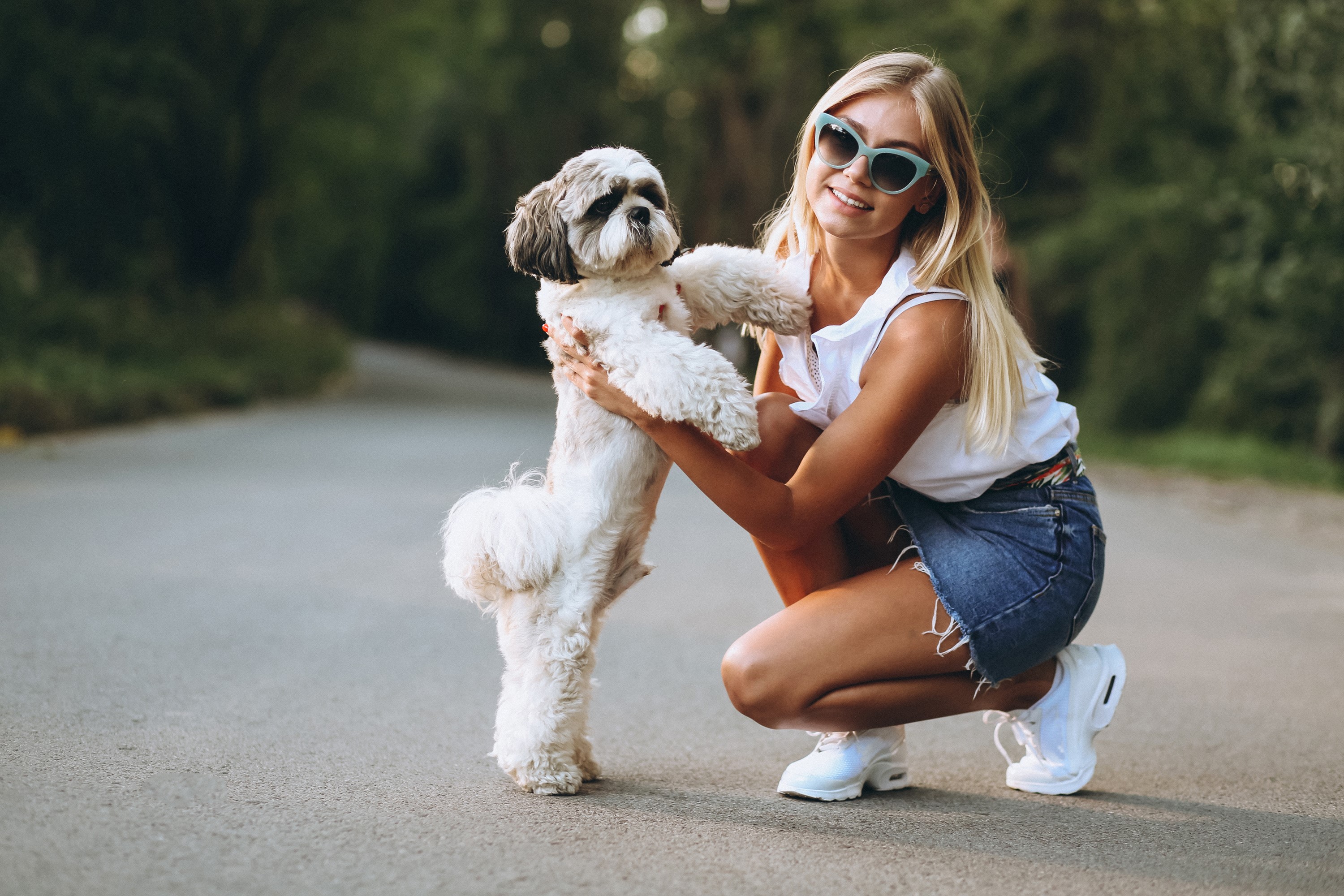 Blonde girl with sunglasses holding a dog HD Wallpaper
