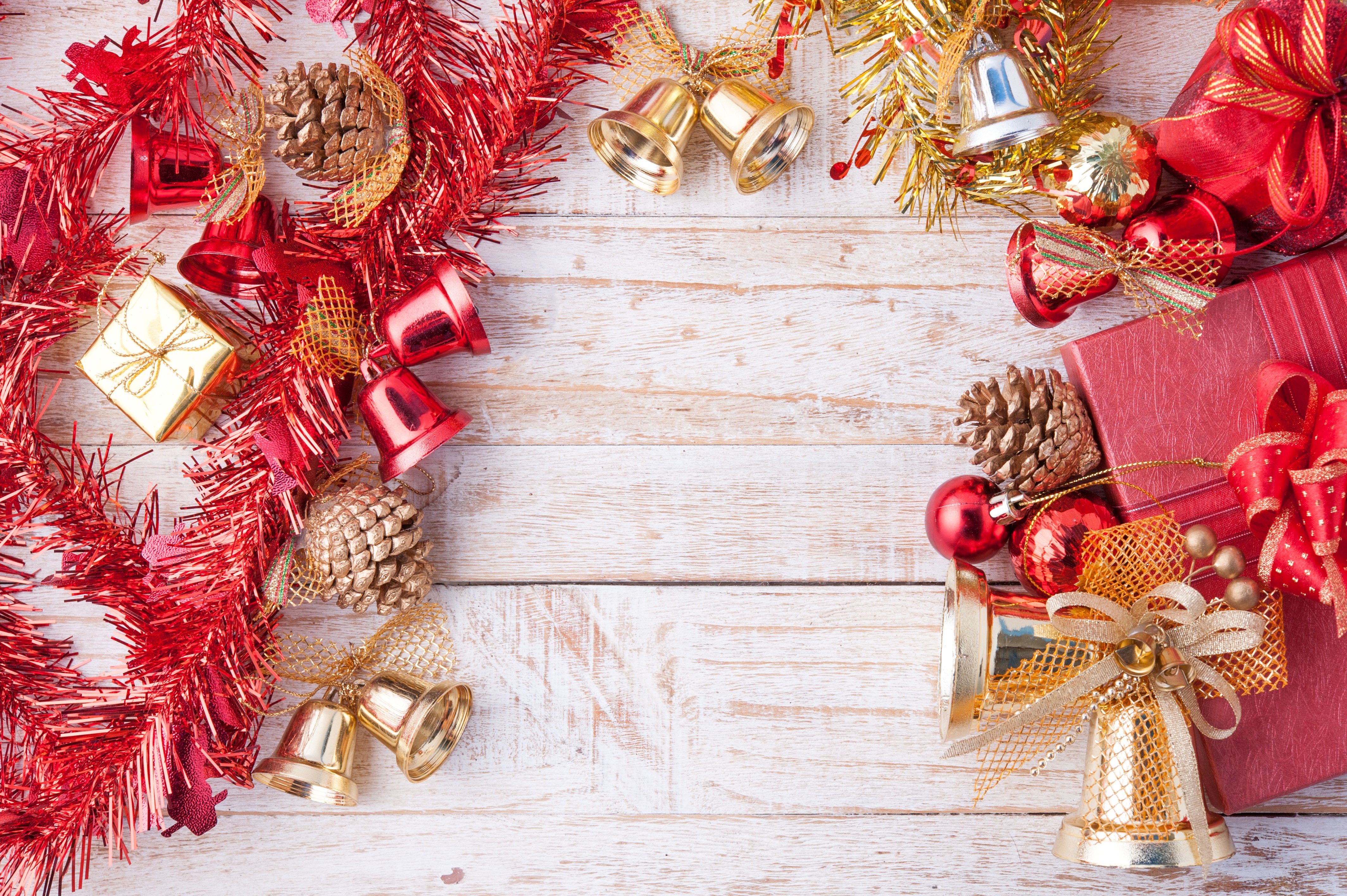 Christmas Decorations with Gifts and Bells on Wood HD Wallpaper
