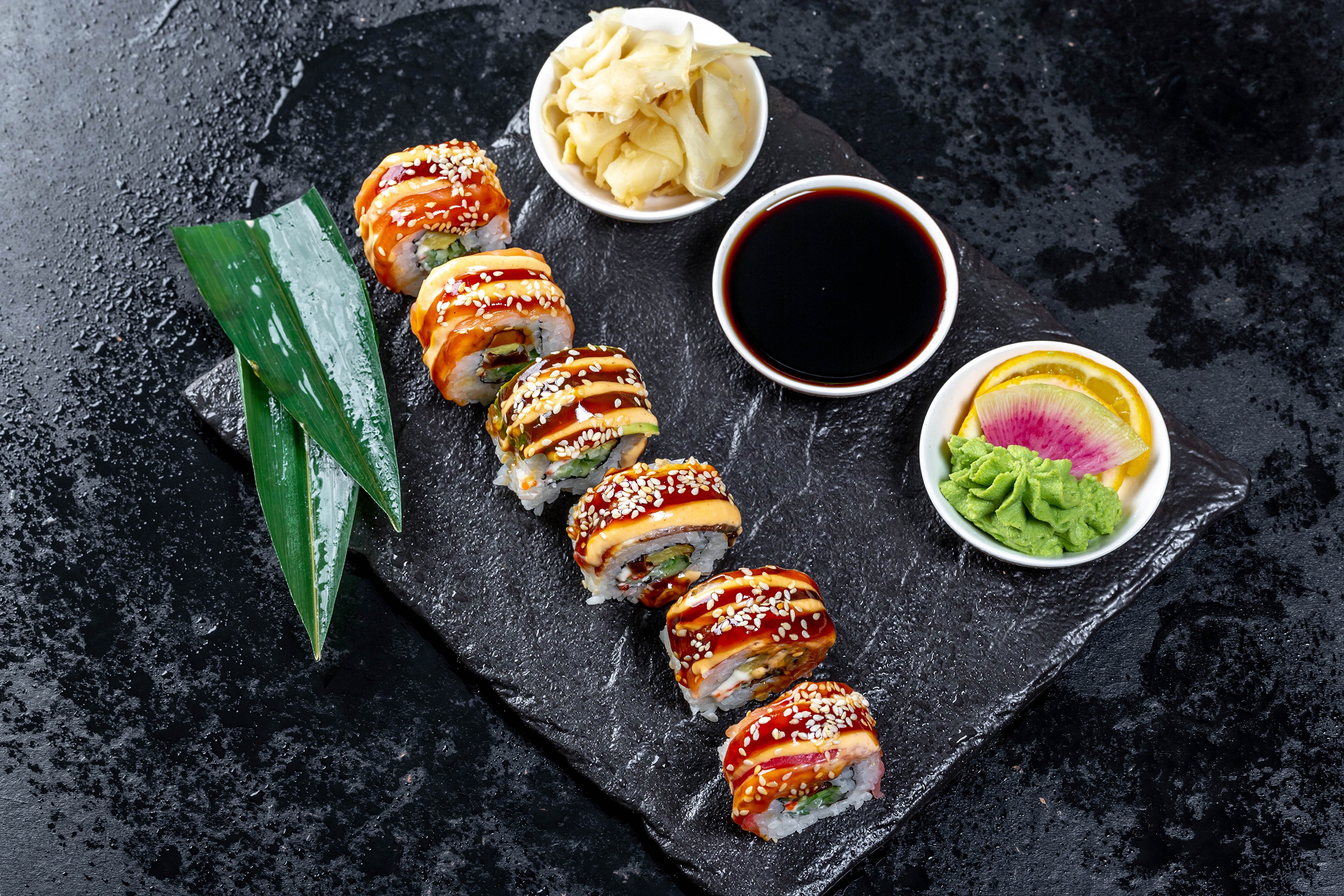 Sushi rolls with soy sauce and wasabi HD Wallpaper