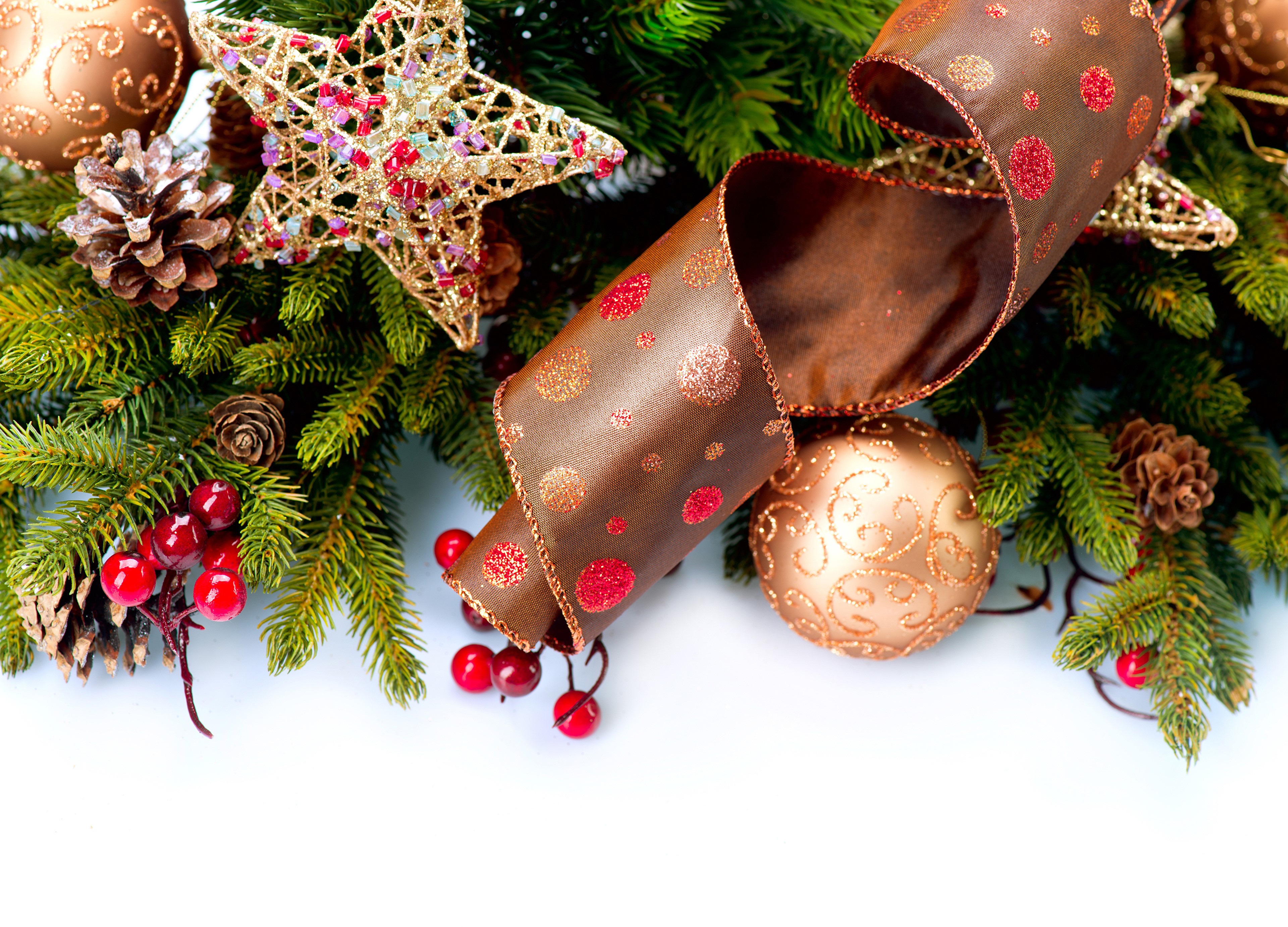 Christmas decoration with pine branches, ribbon, and ornaments HD Wallpaper
