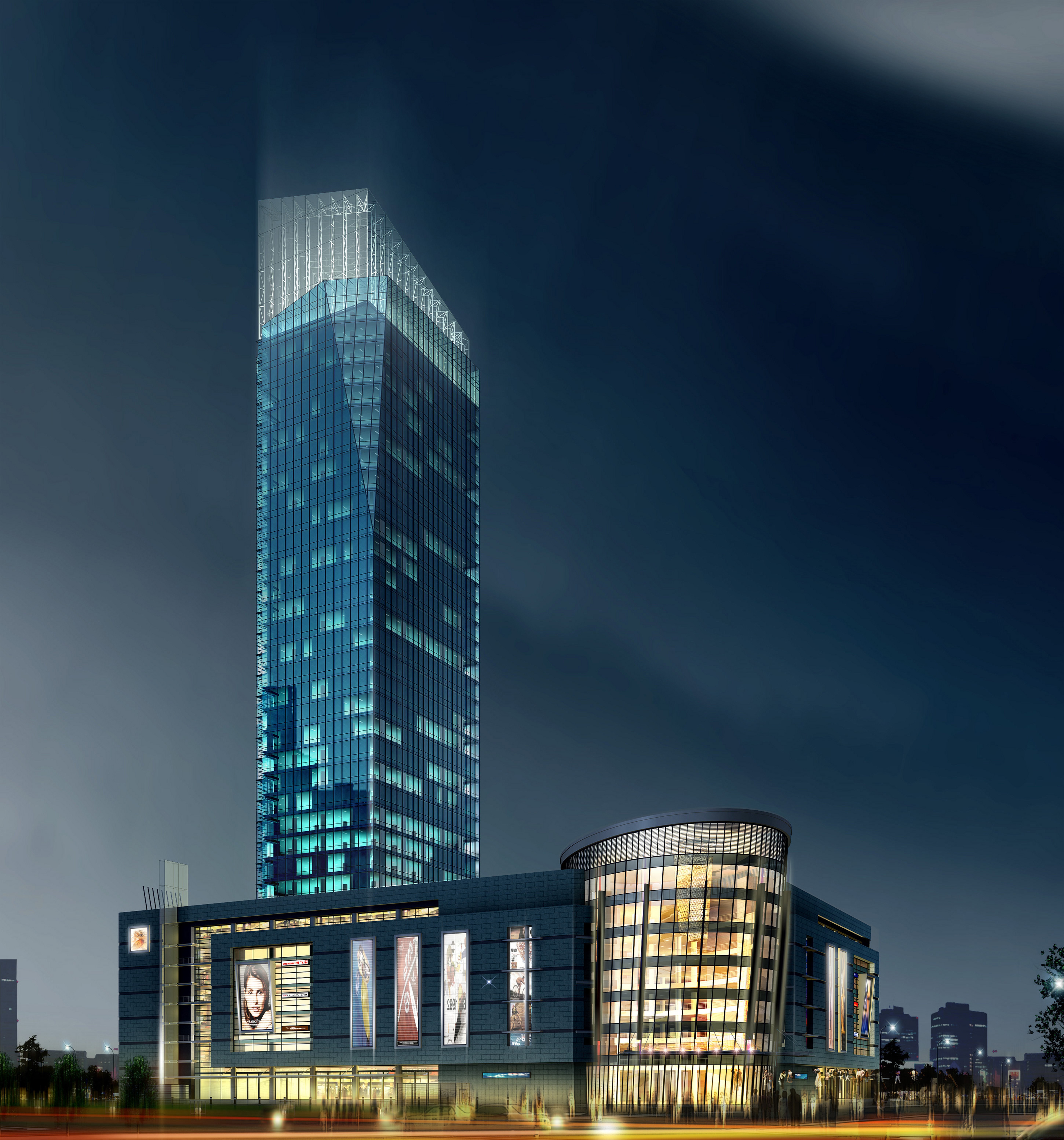 Modern skyscraper and commercial building at night HD Wallpaper