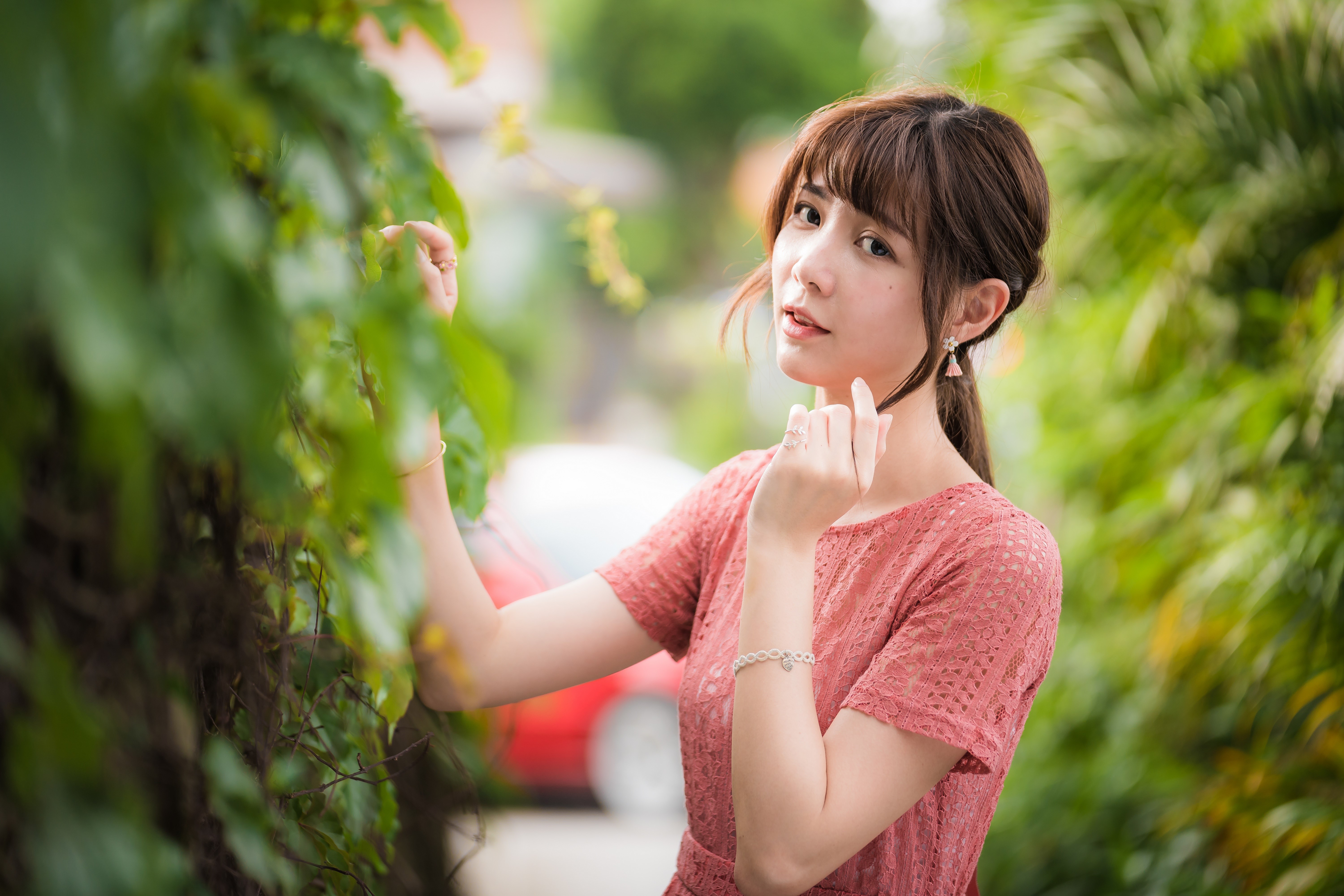 Asian woman with brown hair in a pink dress HD Wallpaper
