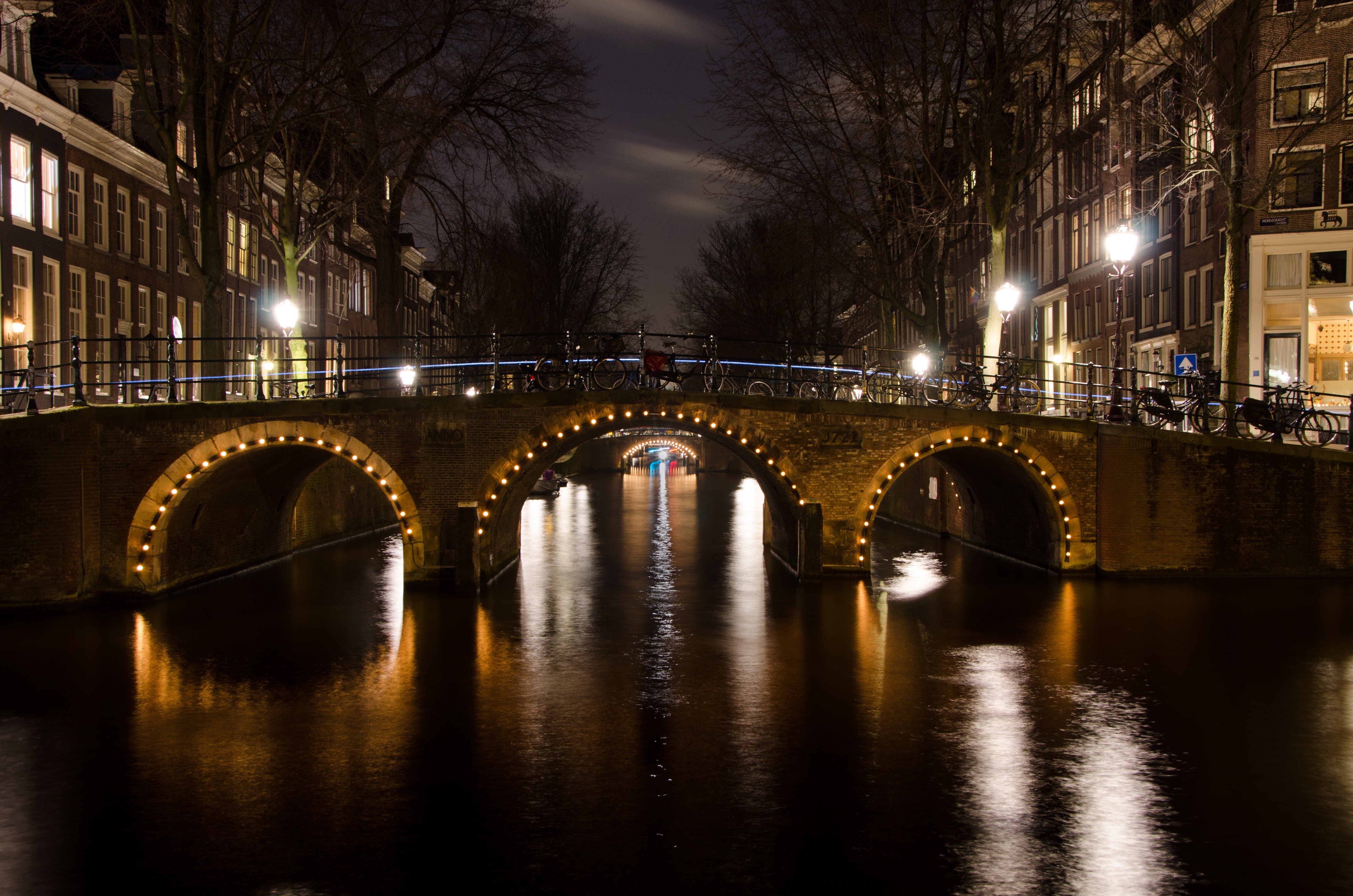 Amsterdam Canal Bridge at Night HD Wallpaper