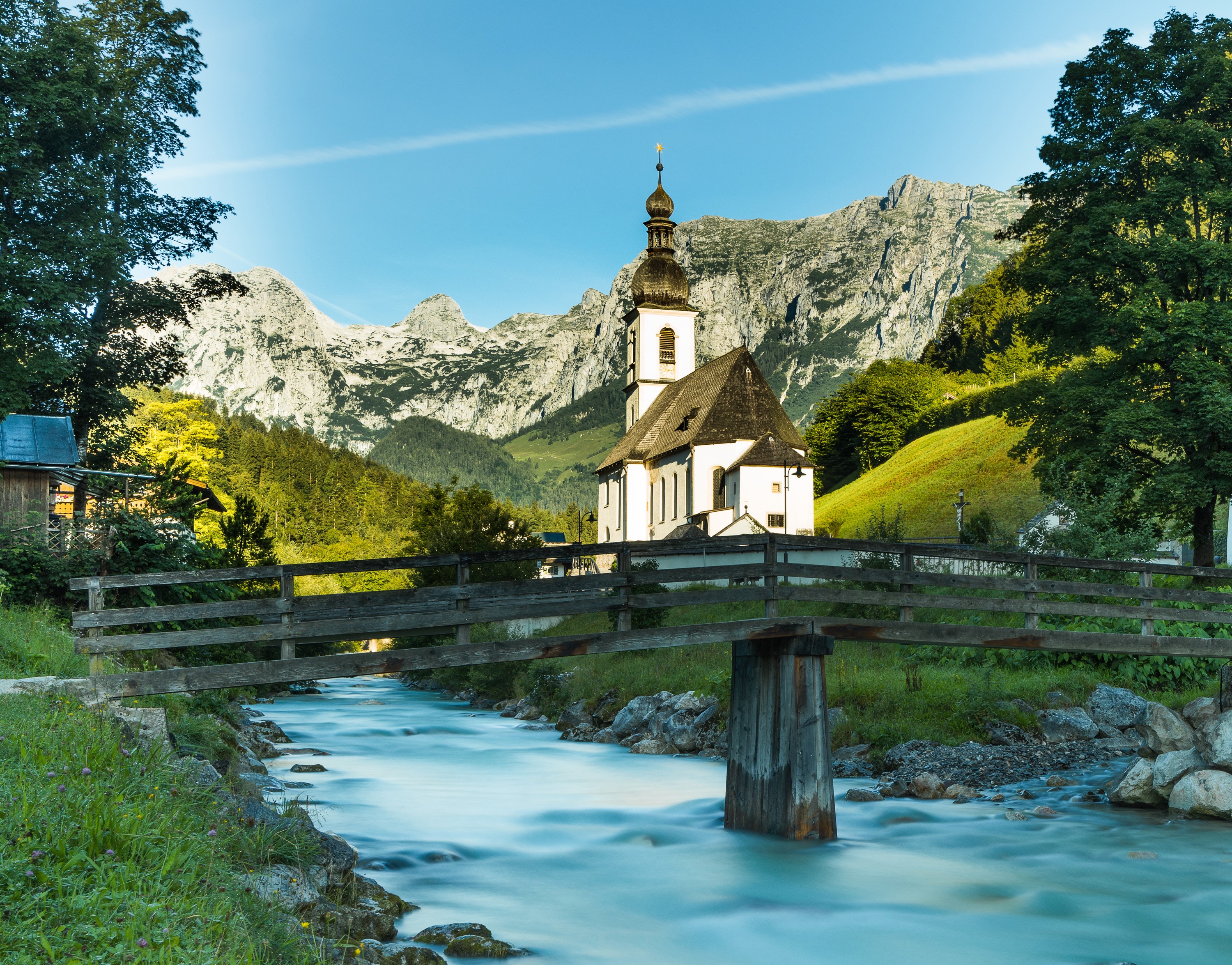 Church and bridge over river in Ramsau, Bavaria, Germany HD Wallpaper