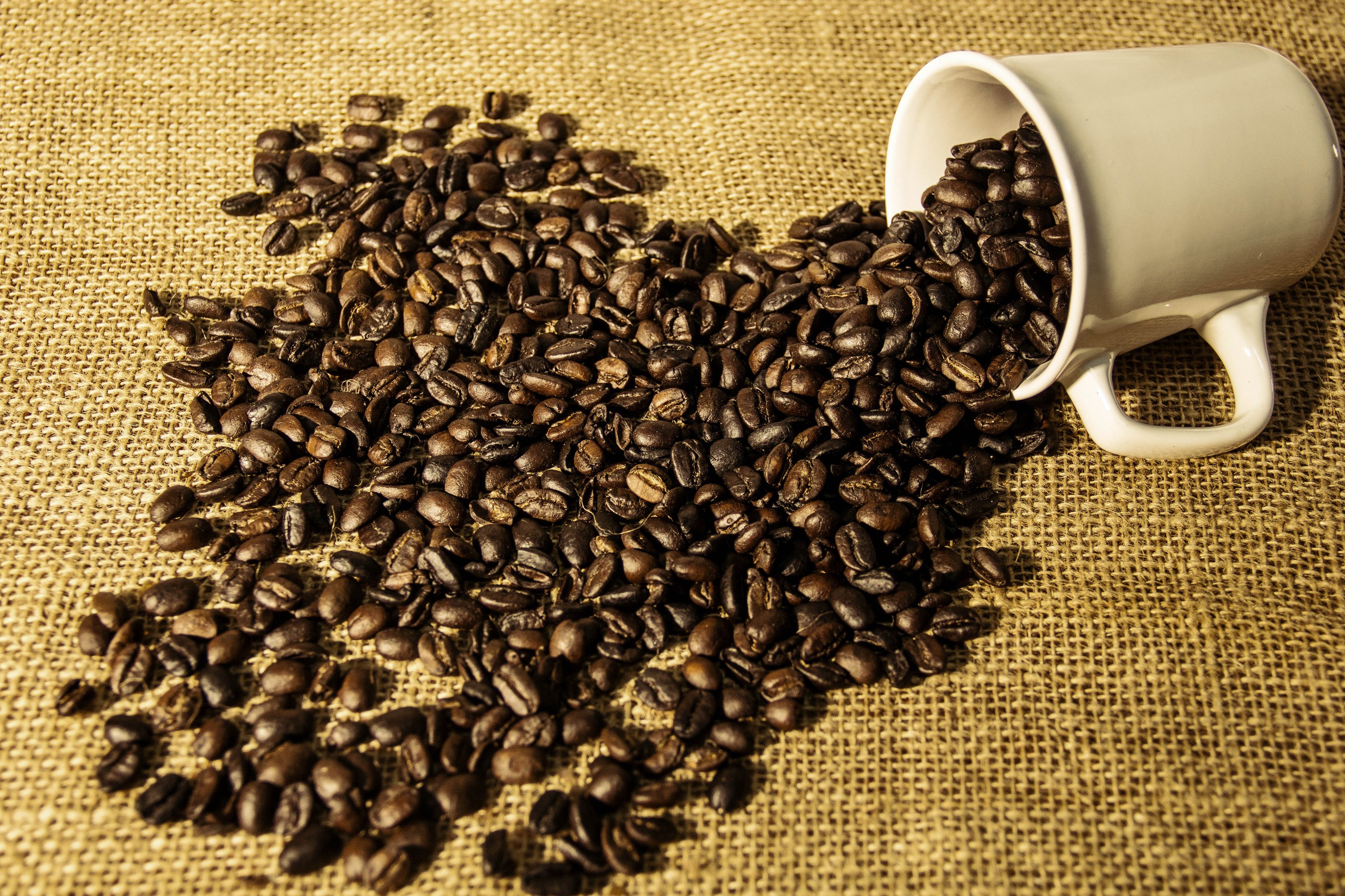 Coffee beans spilled from a mug onto burlap HD Wallpaper