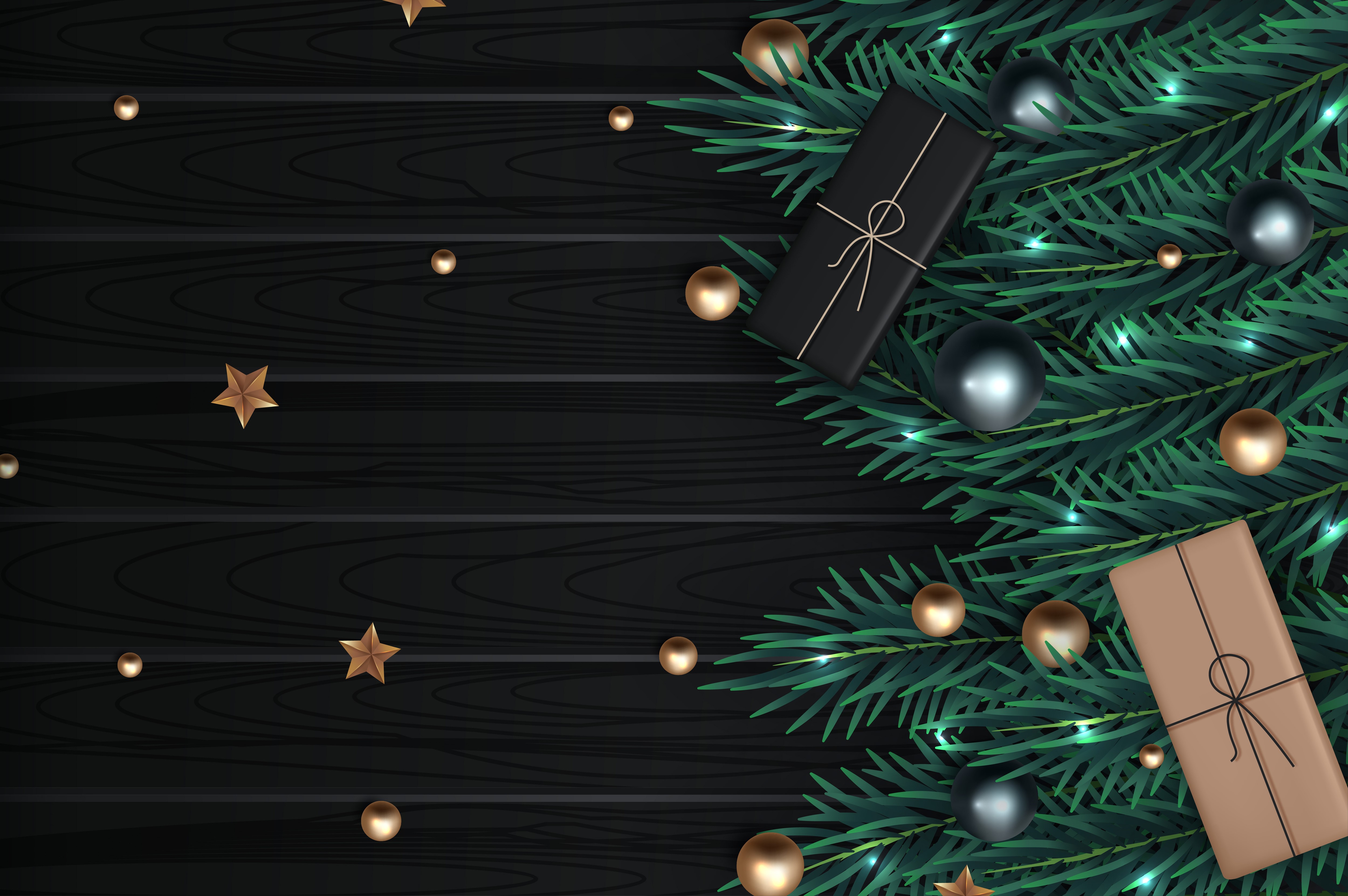 Christmas pine branches with gifts and ornaments on dark wood HD Wallpaper