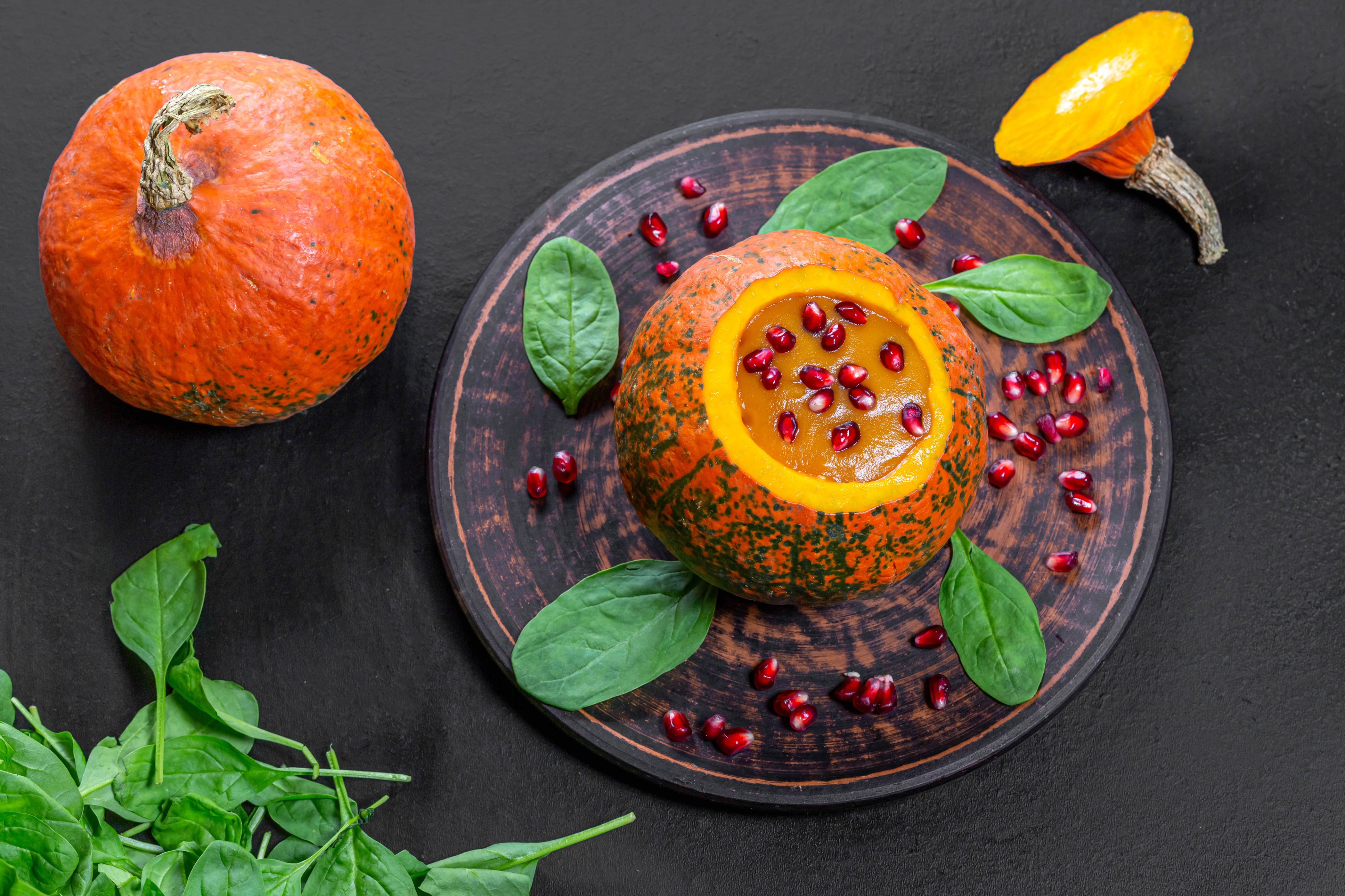 4K Pumpkin Soup with Pomegranate and Spinach HD Wallpaper