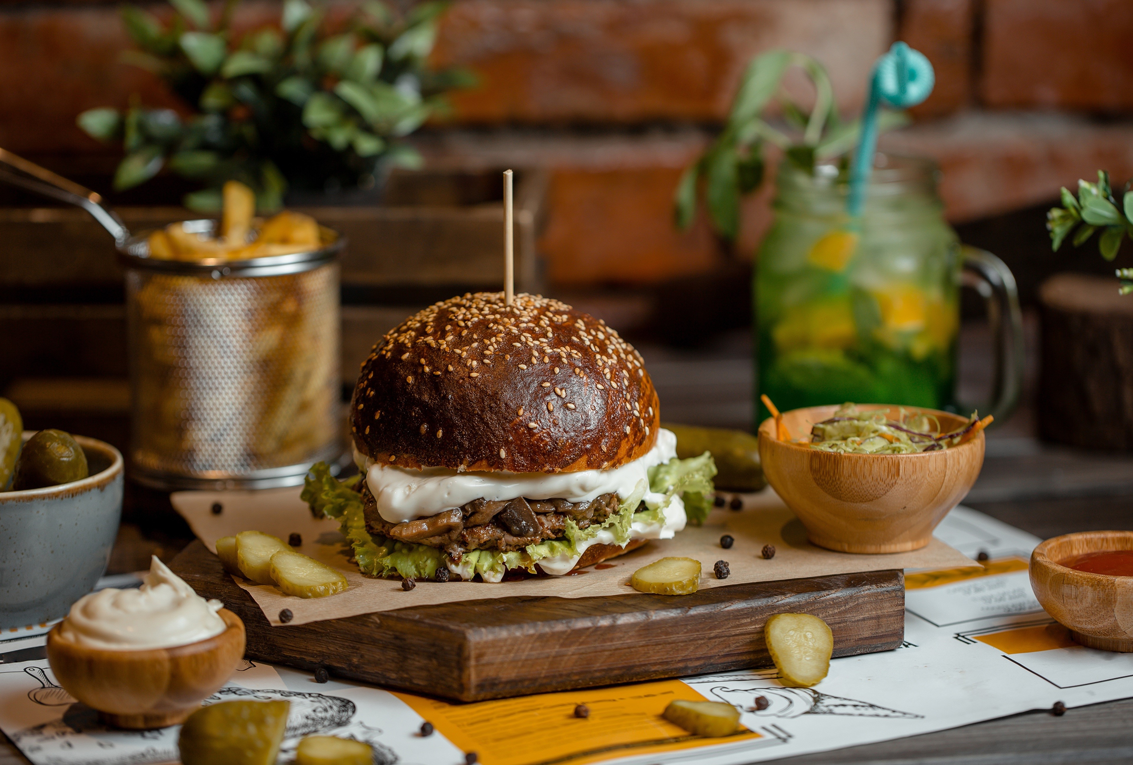 Hamburger with fries and drink HD Wallpaper