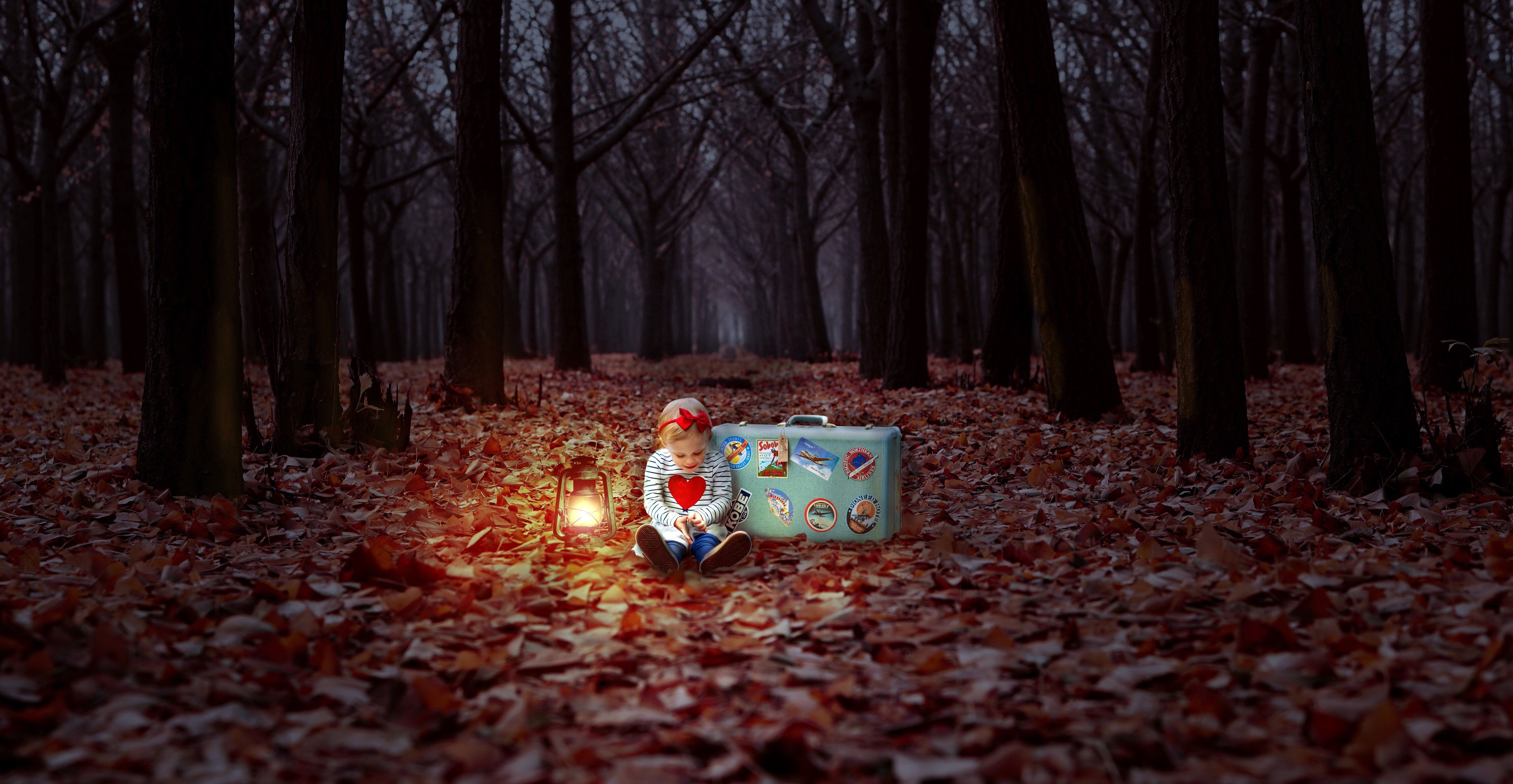 Little girl with suitcase and lantern in autumn forest HD Wallpaper
