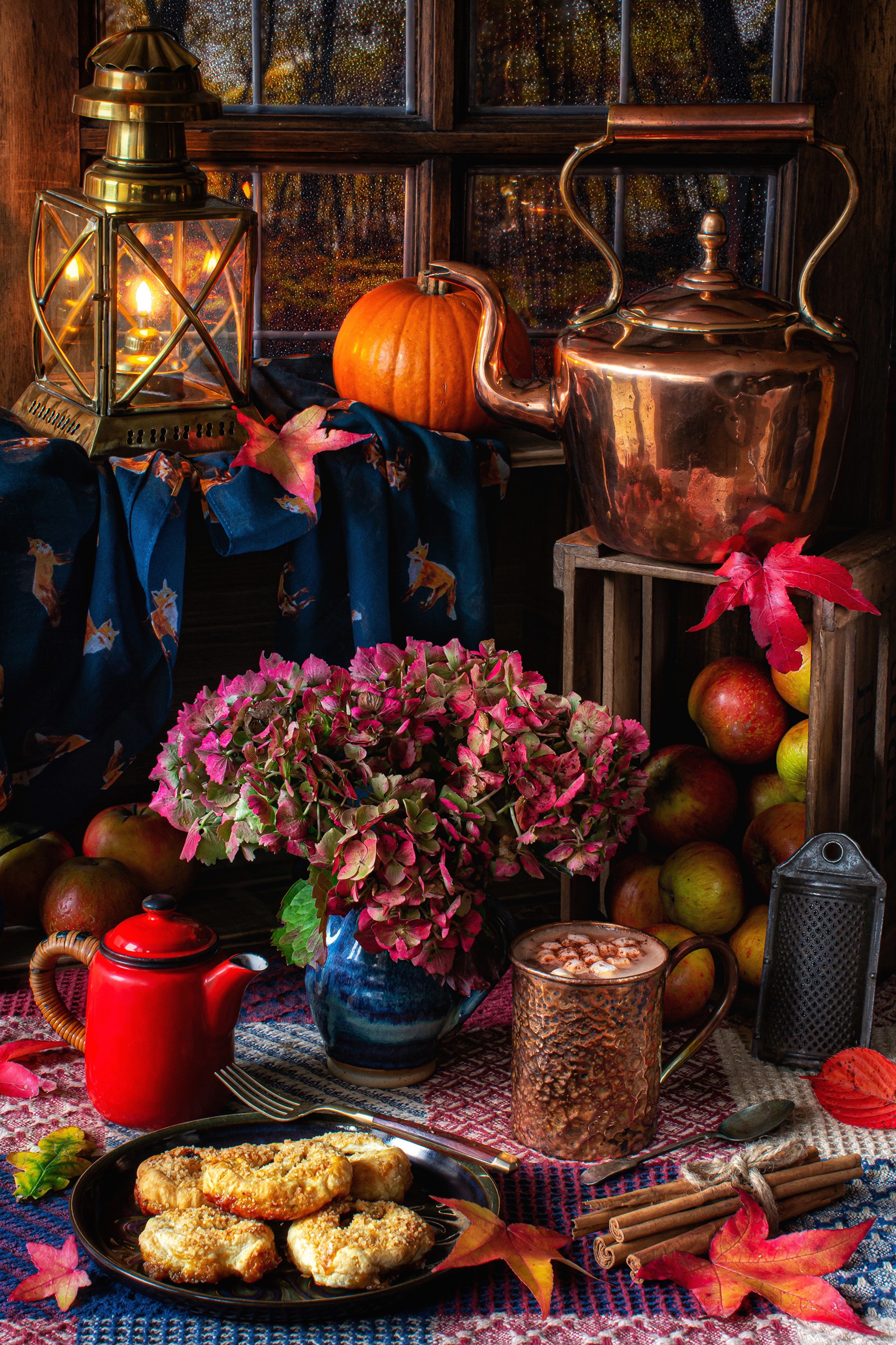 Autumn still life with pumpkin, kettle, and pastries HD Phone Wallpaper