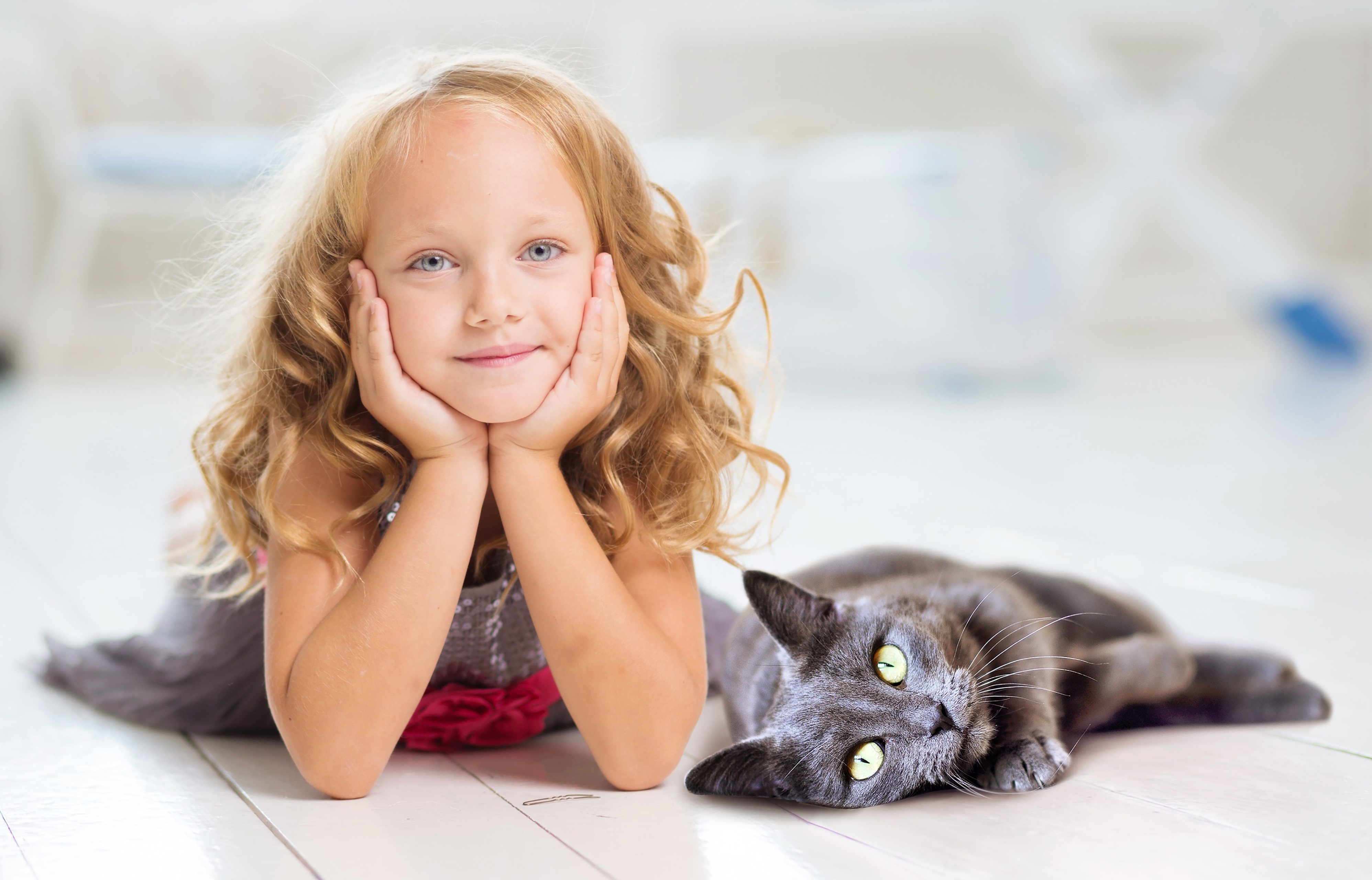 Girl and cat lying on floor HD Wallpaper