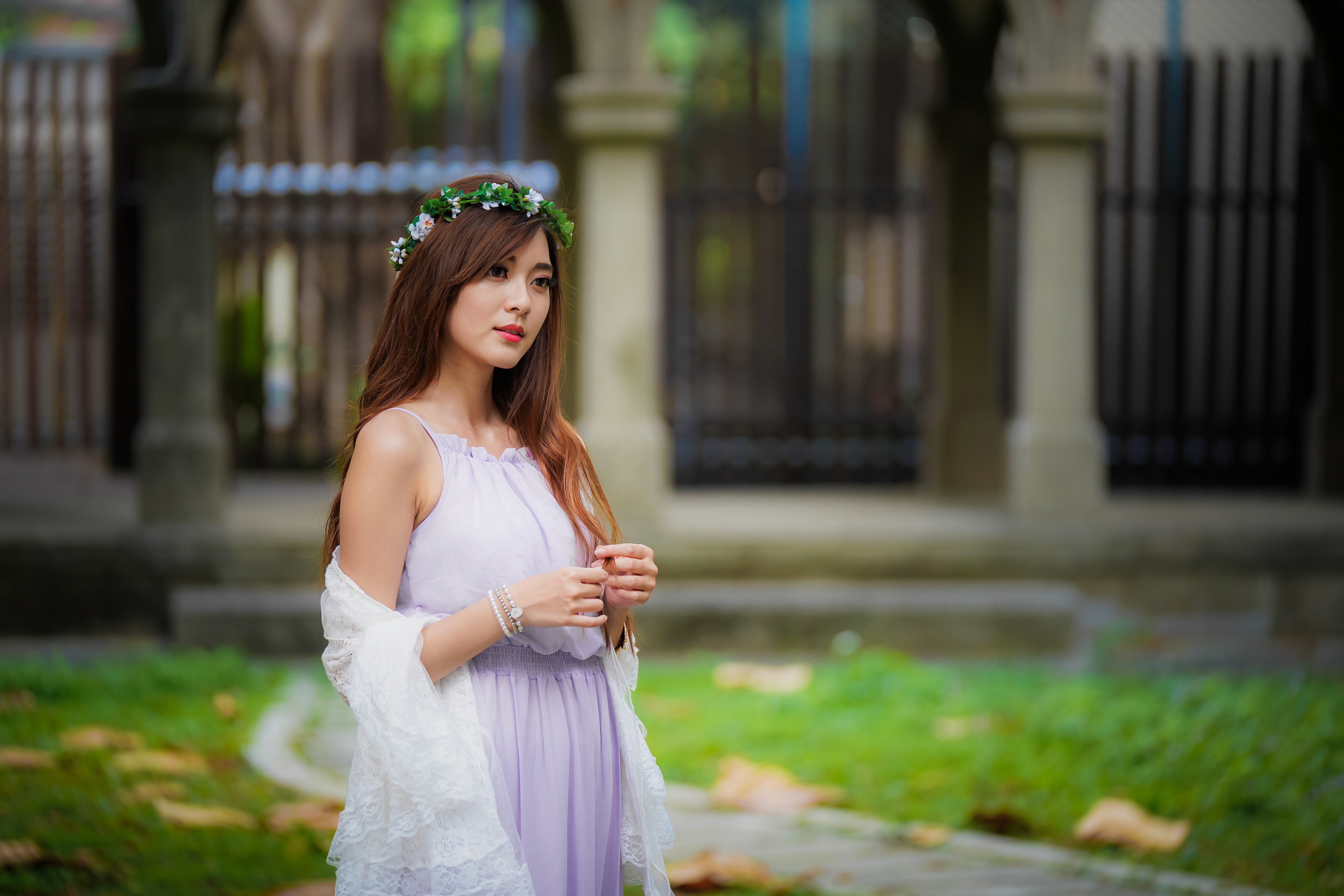 Asian woman with flower wreath and purple dress HD Wallpaper