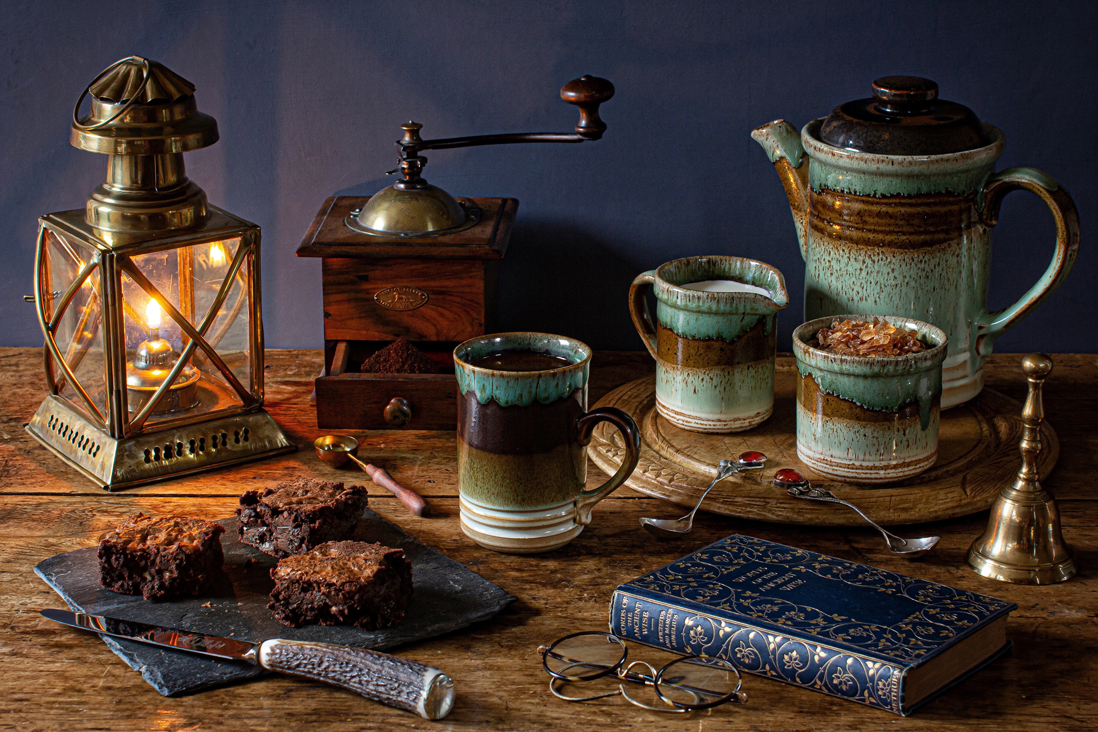 Still-life with coffee, brownies, and a lantern HD Wallpaper