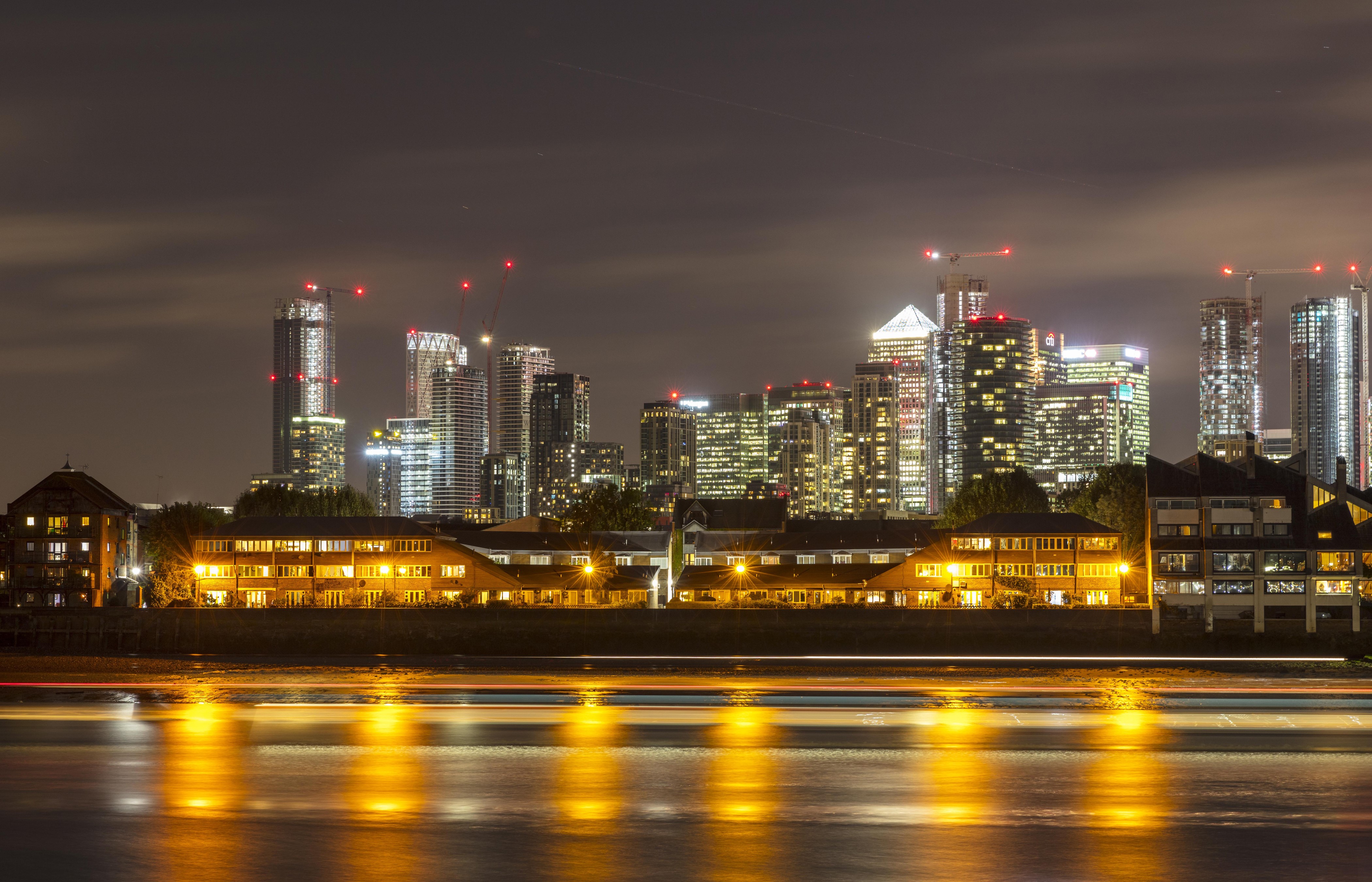 London Skyline at Night with River Reflections HD Wallpaper