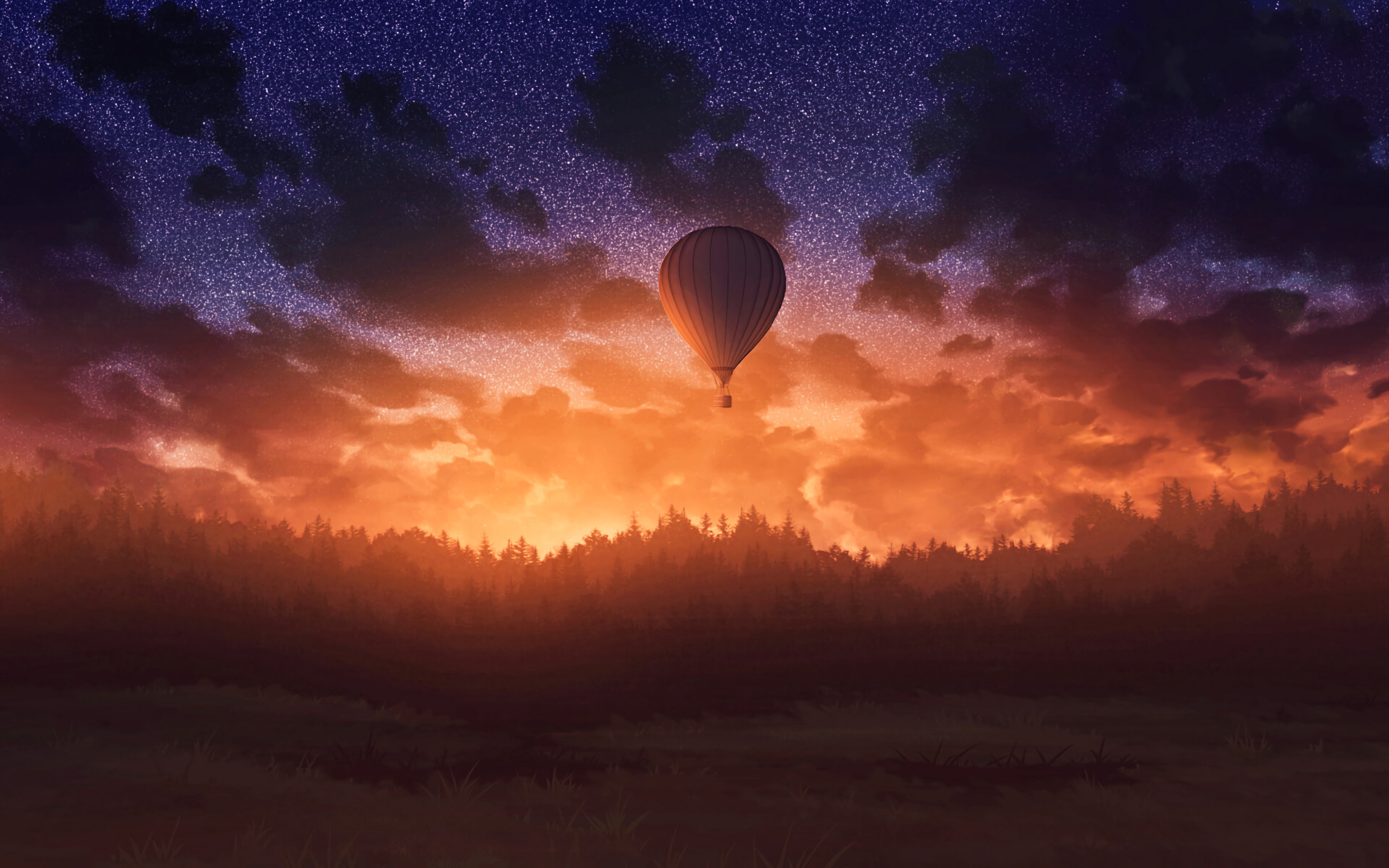 Hot air balloon over forest at sunset HD Wallpaper