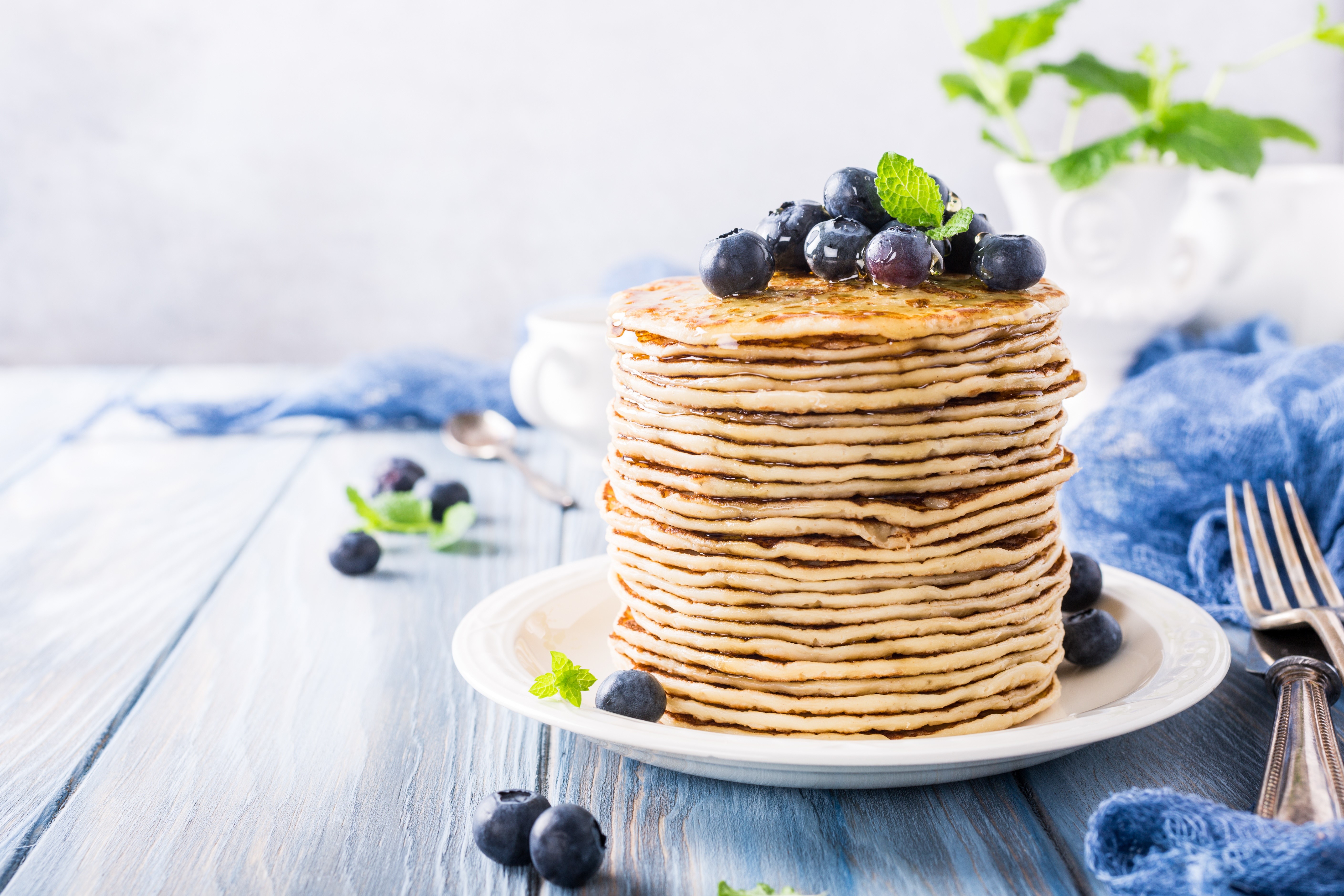 Stack of Pancakes with Blueberries and Mint HD Wallpaper